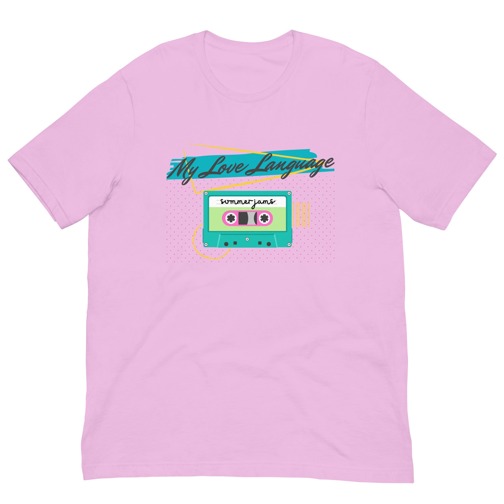 Close-up of lavender cassette tape tee from the Nostalgic Nook – bright 80s/90s colors with playful love language message
