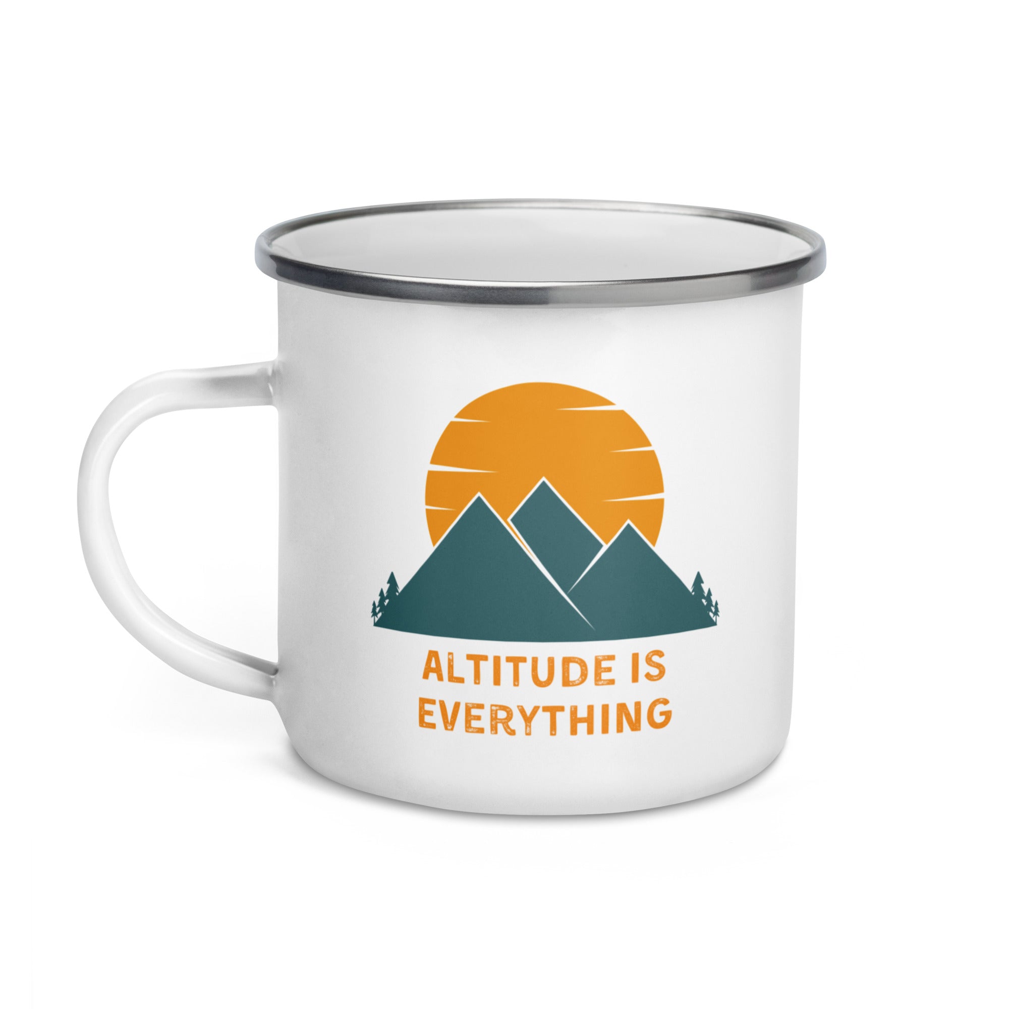 White enamel mug displaying "ALTITUDE IS EVERYTHING" with a mountain and sun graphic.