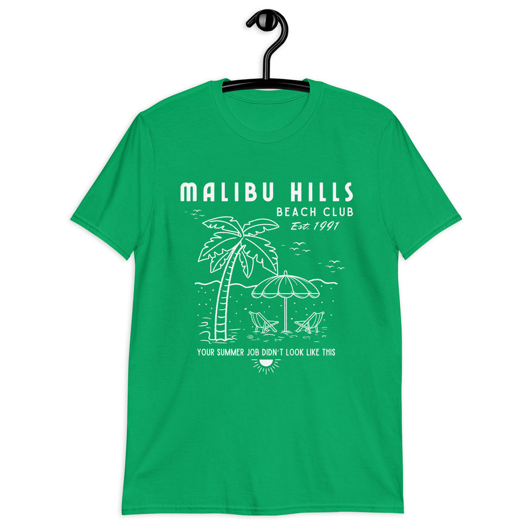 Green t-shirt with 'Malibu Hills Beach Club' design on a hanger