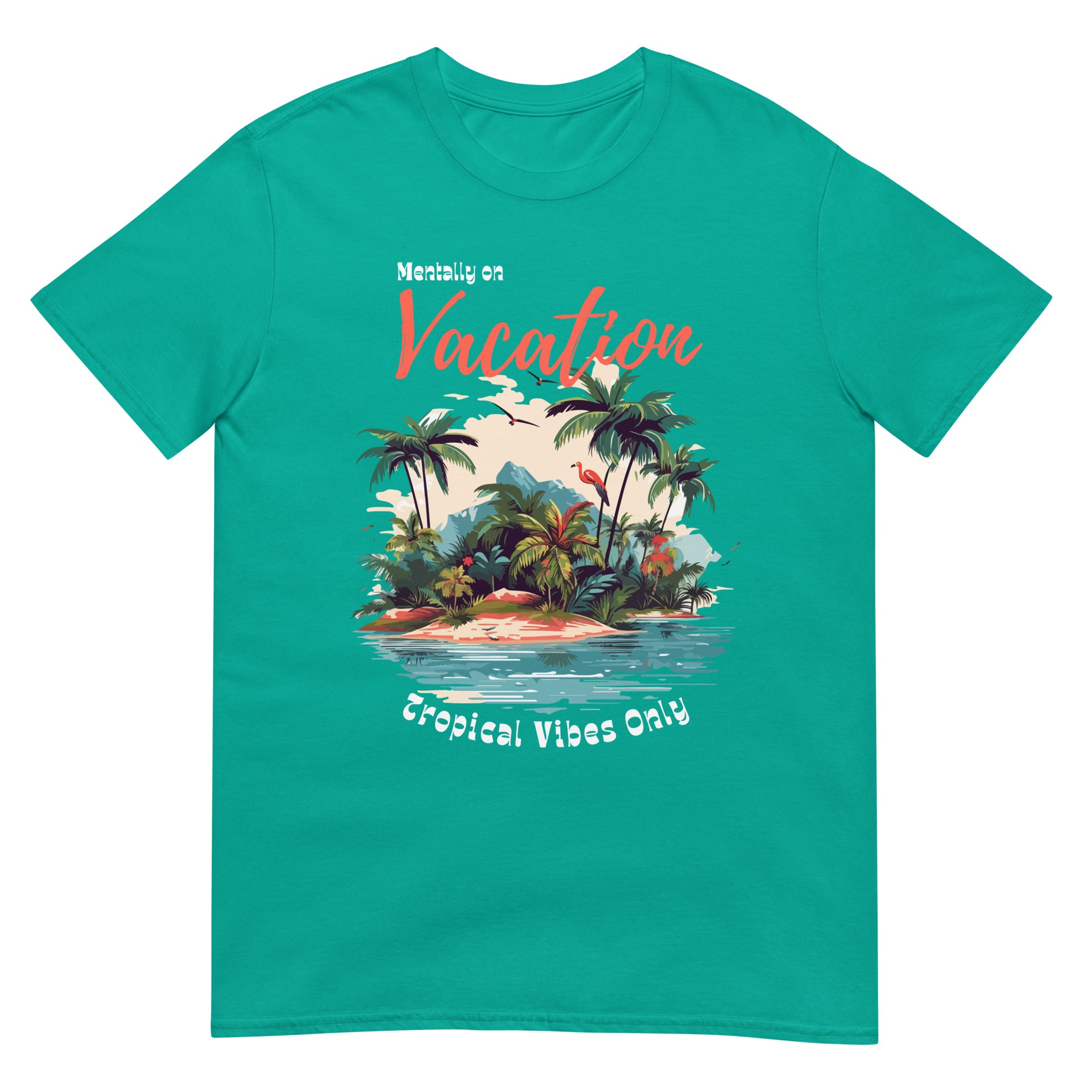Jade green women’s graphic tee with tropical beach design, laid flat