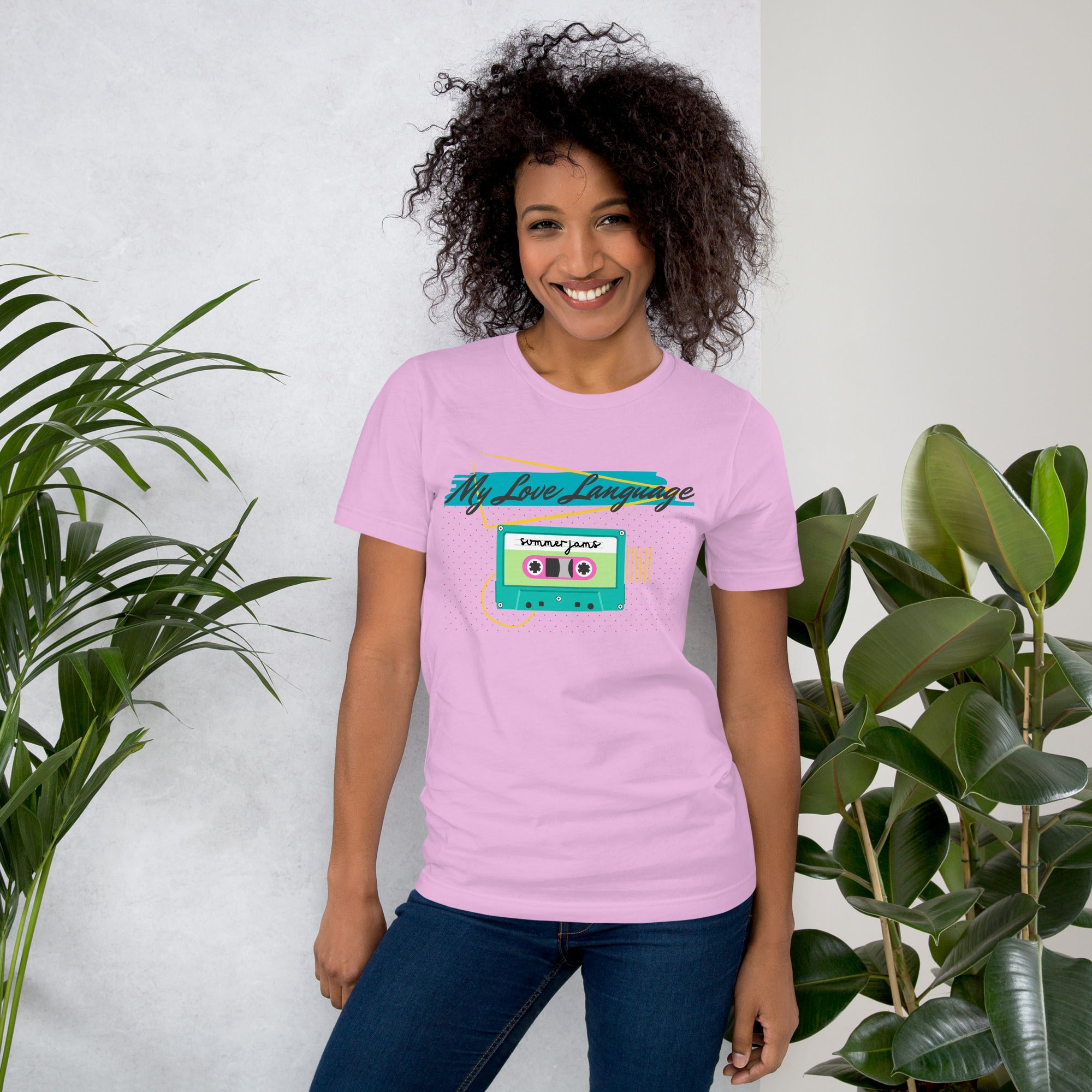 Throwback cassette tape shirt in soft lavender – 'My Love Language' design from the Nostalgic Nook line