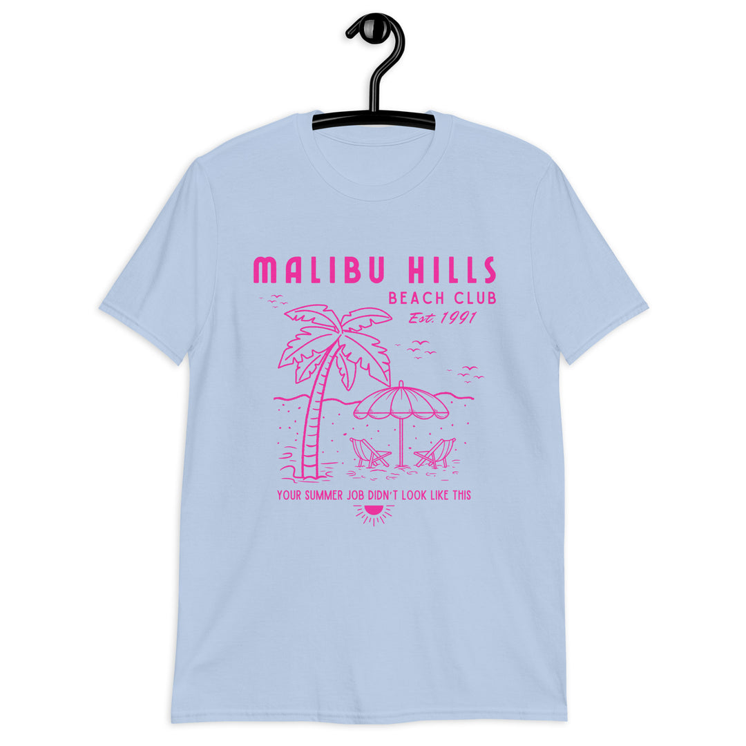 Malibu Hills Beach Club Graphic Tee in light blue with hot pink design hanging on a hanger