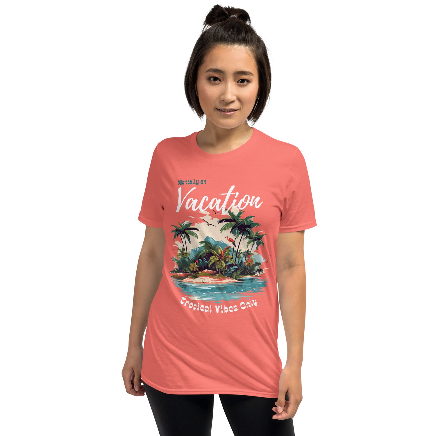 Model in coral “Mentally on Vacation” t-shirt from Jade Street Market