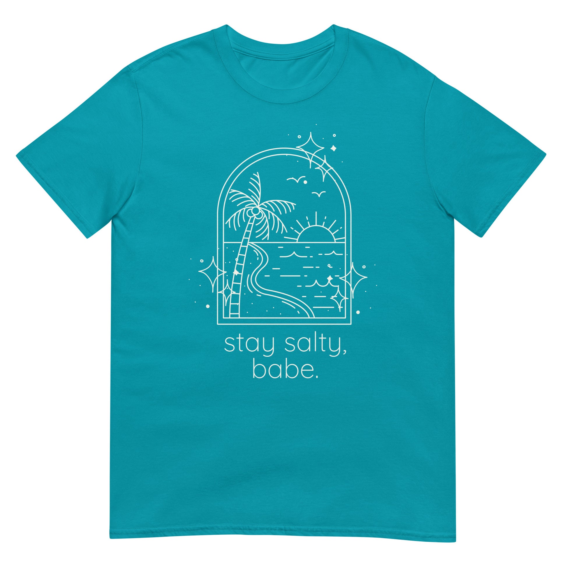 Flat lay of tropical blue "stay salty, babe" graphic tee with  for women from Jade Street Market.