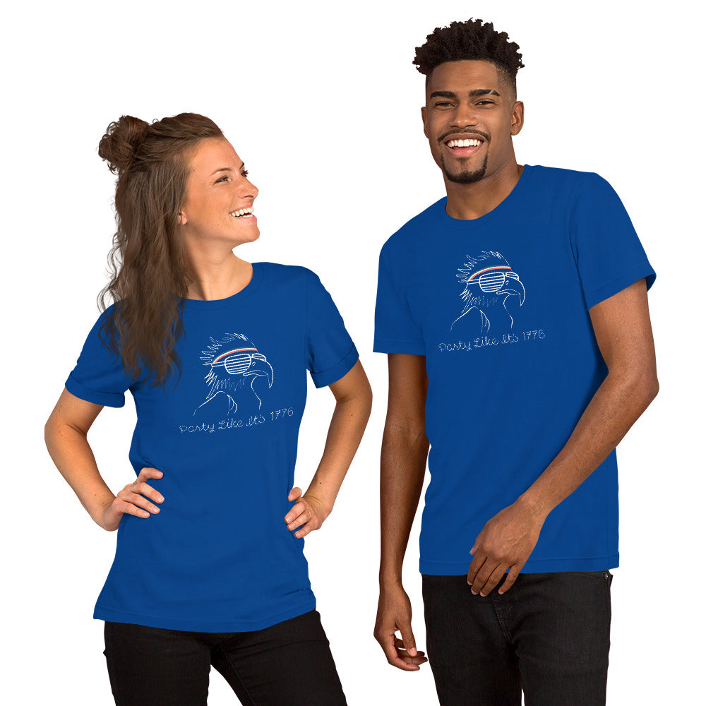 Blue patriotic tee with vintage eagle design and sweatband — perfect unisex 4th of July shirt for women or men