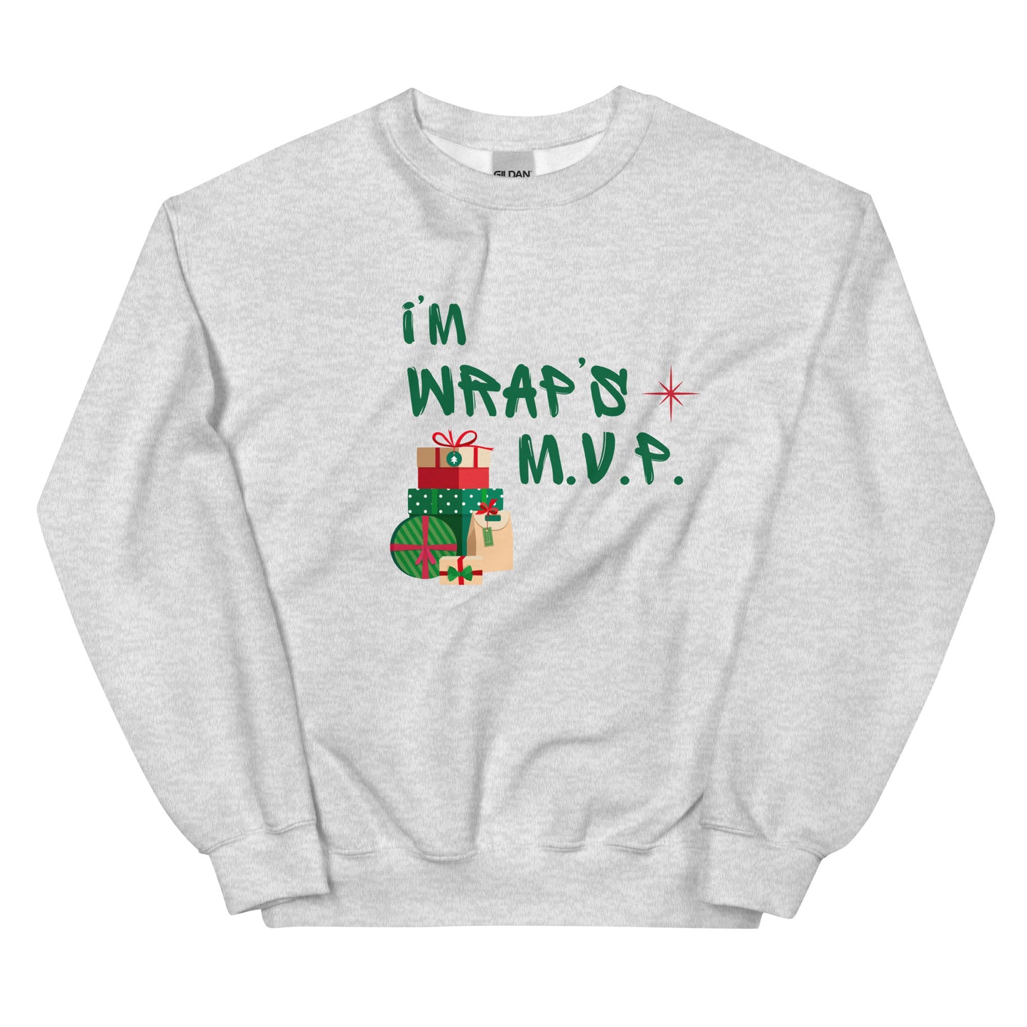 Heather gray crewneck sweatshirt with green text reading 'I'M WRAPs M.V.P.' and festive gift icons. A humorous Christmas play on words for holiday gift-wrapping enthusiasts.p