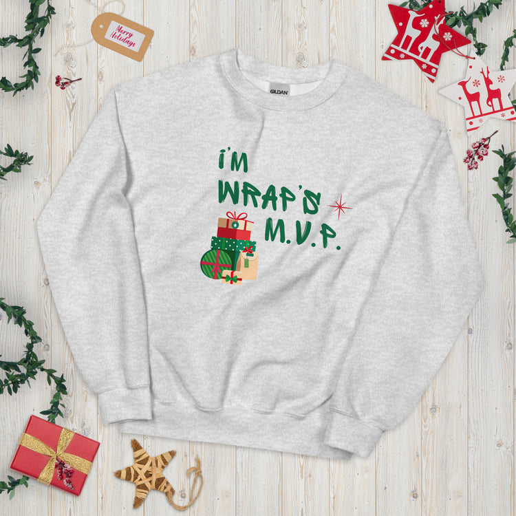 Heather Gray crewneck sweatshirt with green text reading 'I'M WRAP'D M.V.P.' and festive gift icons. A humorous Christmas play on words for holiday gift-wrapping enthusiasts.