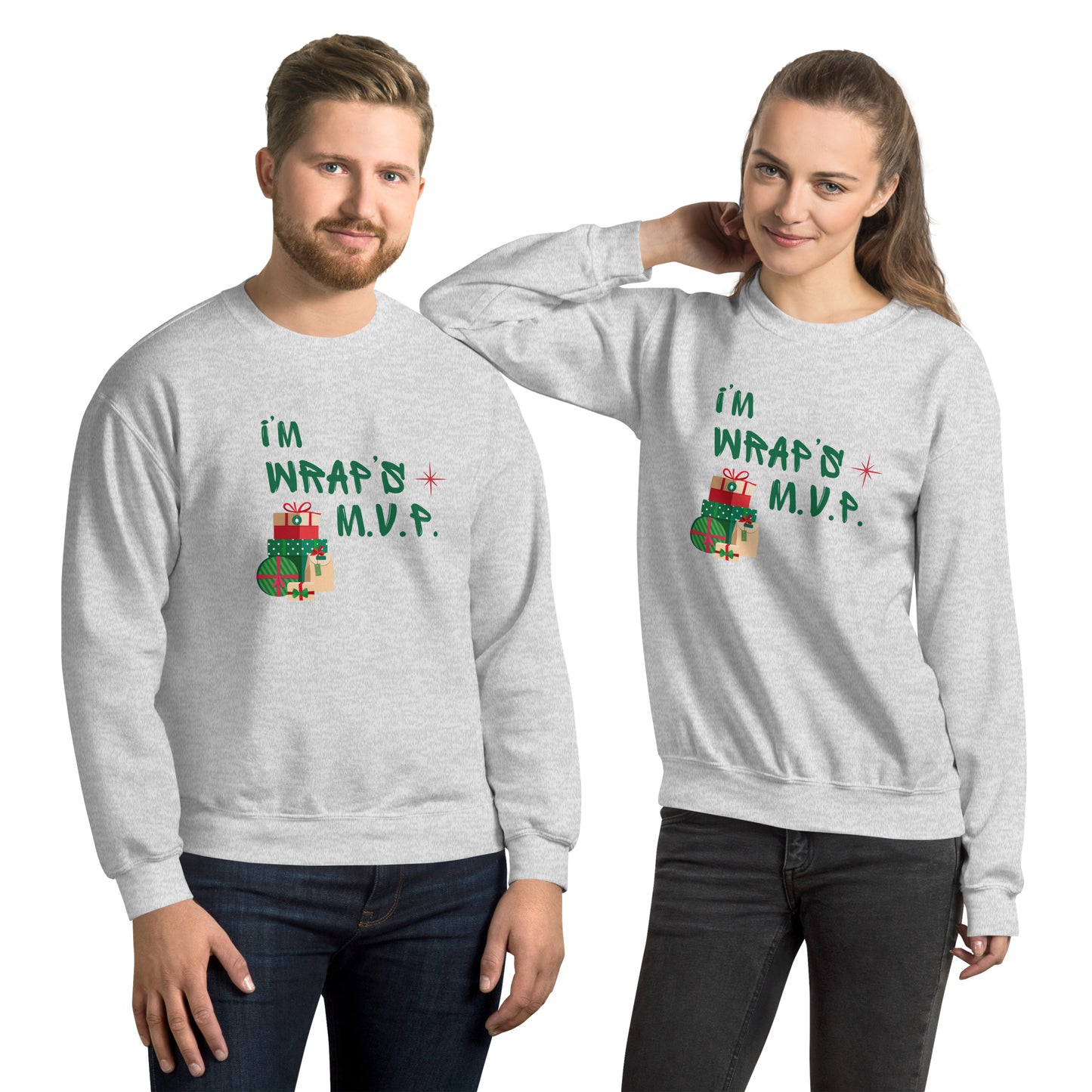 Couple wears matching gray crewneck sweatshirt with green text reading 'I'M WRAPs M.V.P.' and festive gift icons. A humorous Christmas play on words for holiday gift-wrapping enthusiasts.