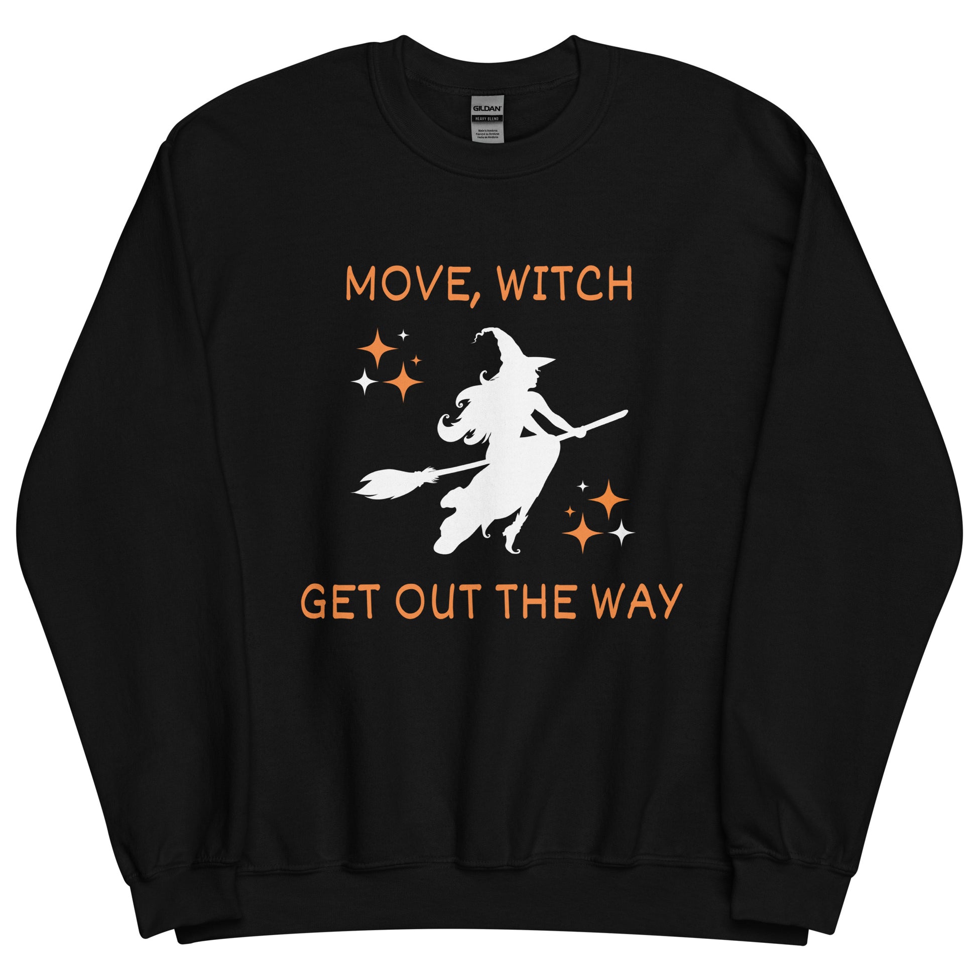 Black Halloween sweatshirt with the white silhouette of a witch on a broomstick. The shirt says "Move, Witch Get out the way" with orange text and details.