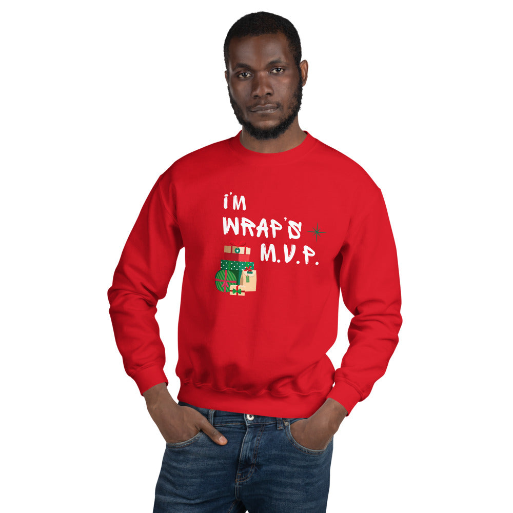 Man models bright right red crewneck sweatshirt with white text reading 'I'M WRAPs M.V.P.' and festive gift icons. A humorous Christmas play on words for holiday gift-wrapping enthusiasts.