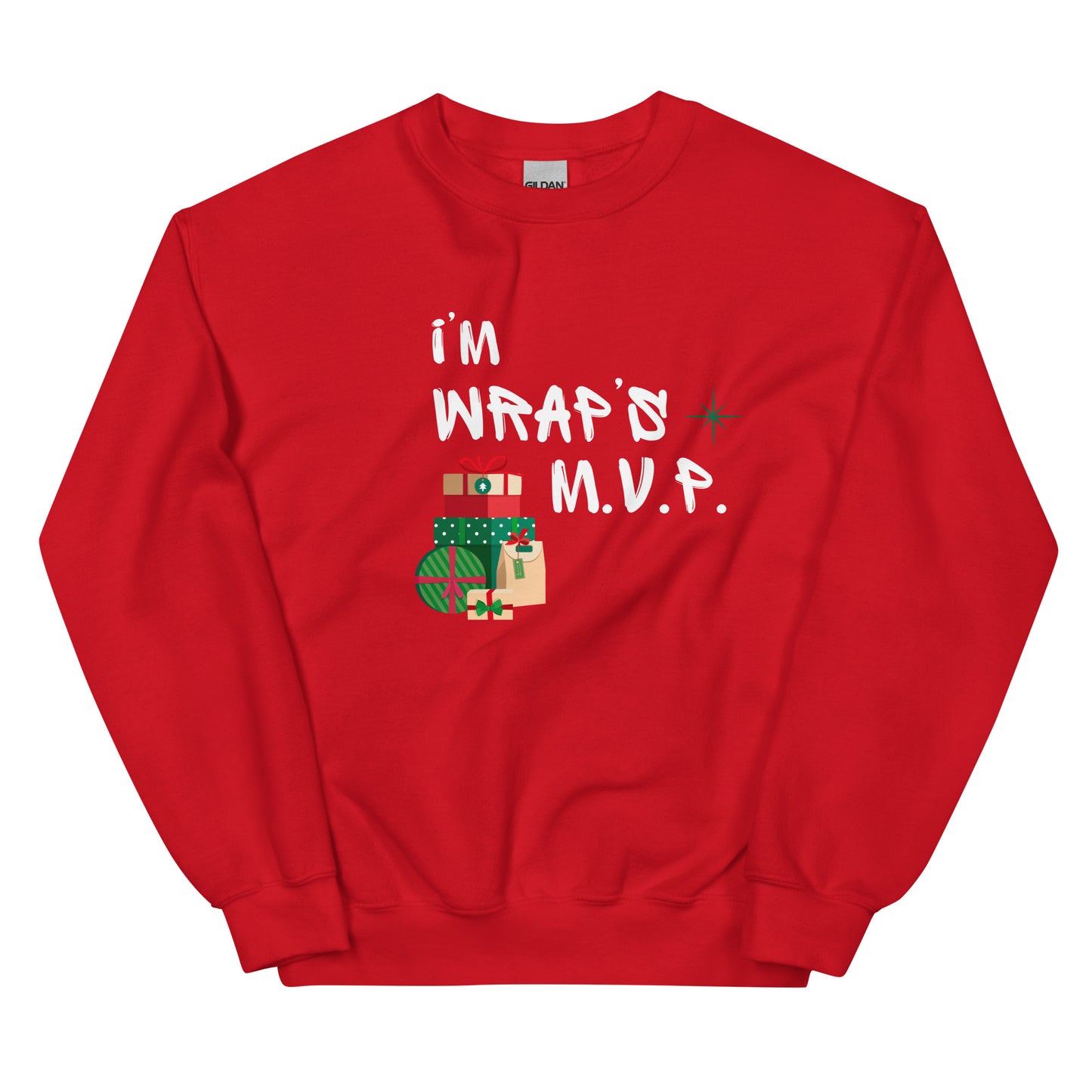 Bright red crewneck sweatshirt with white text reading 'I'M WRAPs M.V.P.' and festive gift icons. A humorous Christmas play on words for holiday gift-wrapping enthusiasts.