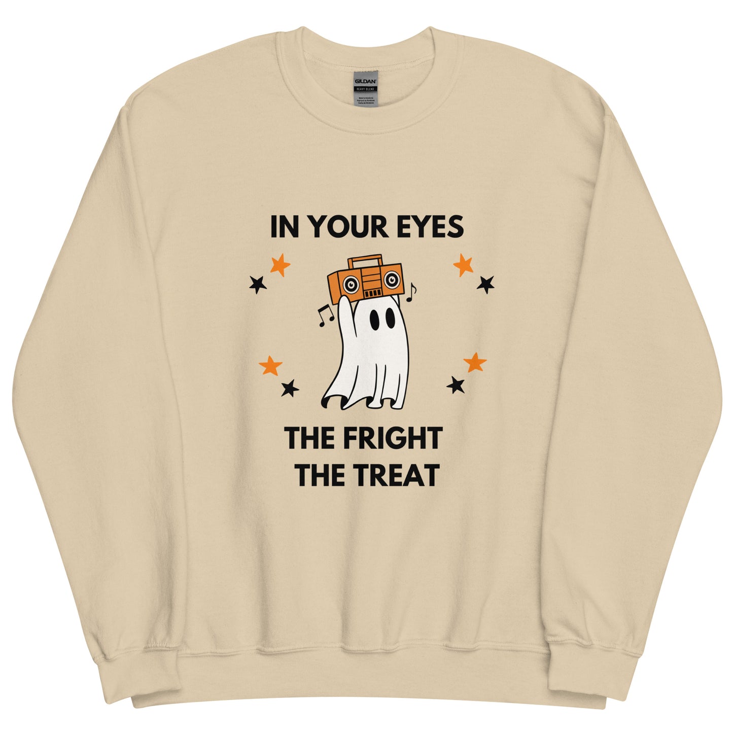 Gray Halloween sweatshirt featuring a ghost holding an orange boombox overhead, Say Anything style. The shirt reads "In your eyes - The Fright, The Treat."