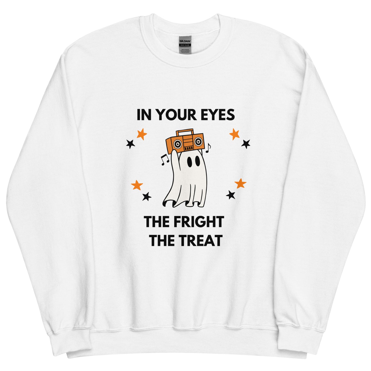 Gray Halloween sweatshirt featuring a ghost holding an orange boombox overhead, Say Anything style. The shirt reads "In your eyes - The Fright, The Treat."