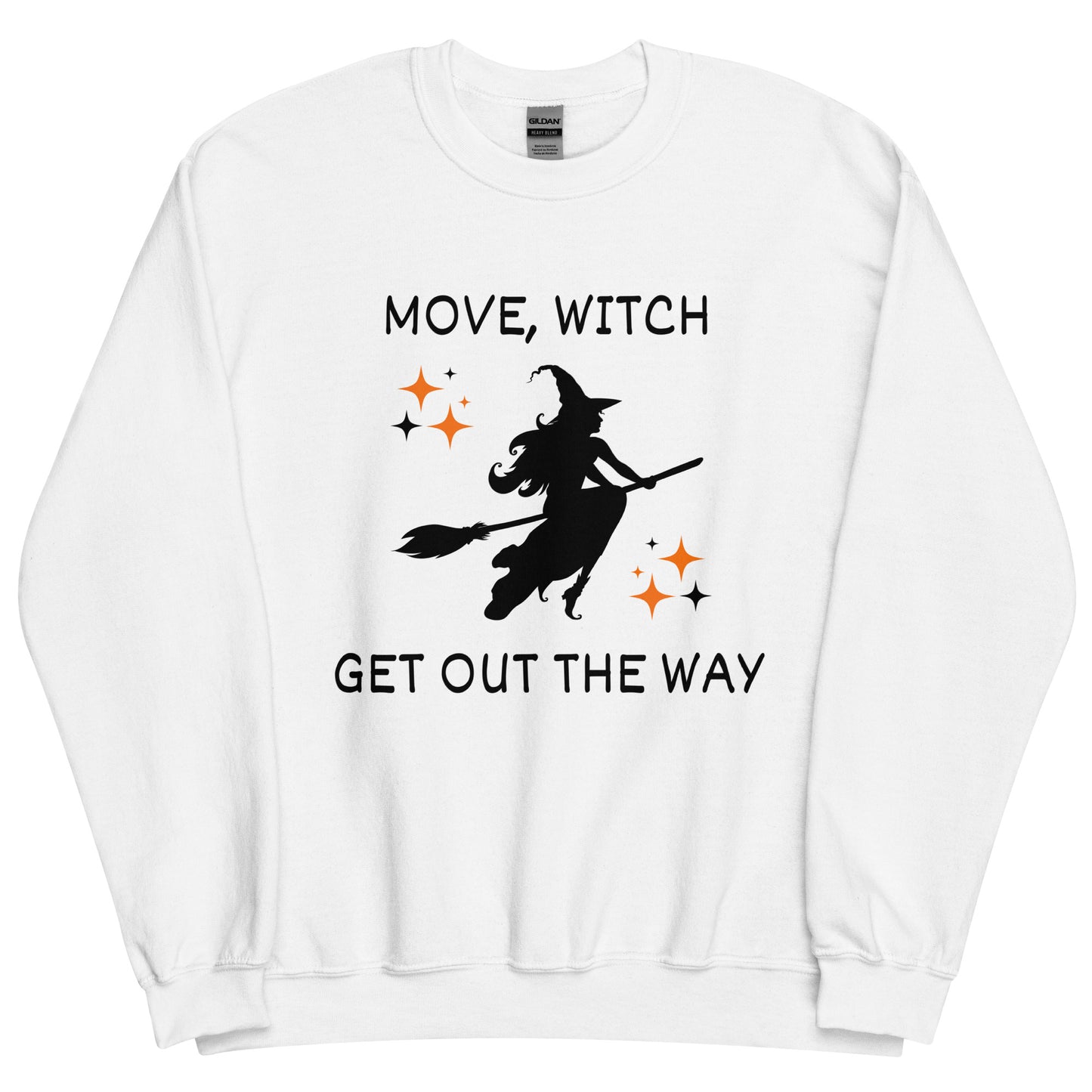 White Halloween sweatshirt with a black silhouette of a witch on a broomstick. The shirt says "Move, Witch Get out the way" with orange text and details.