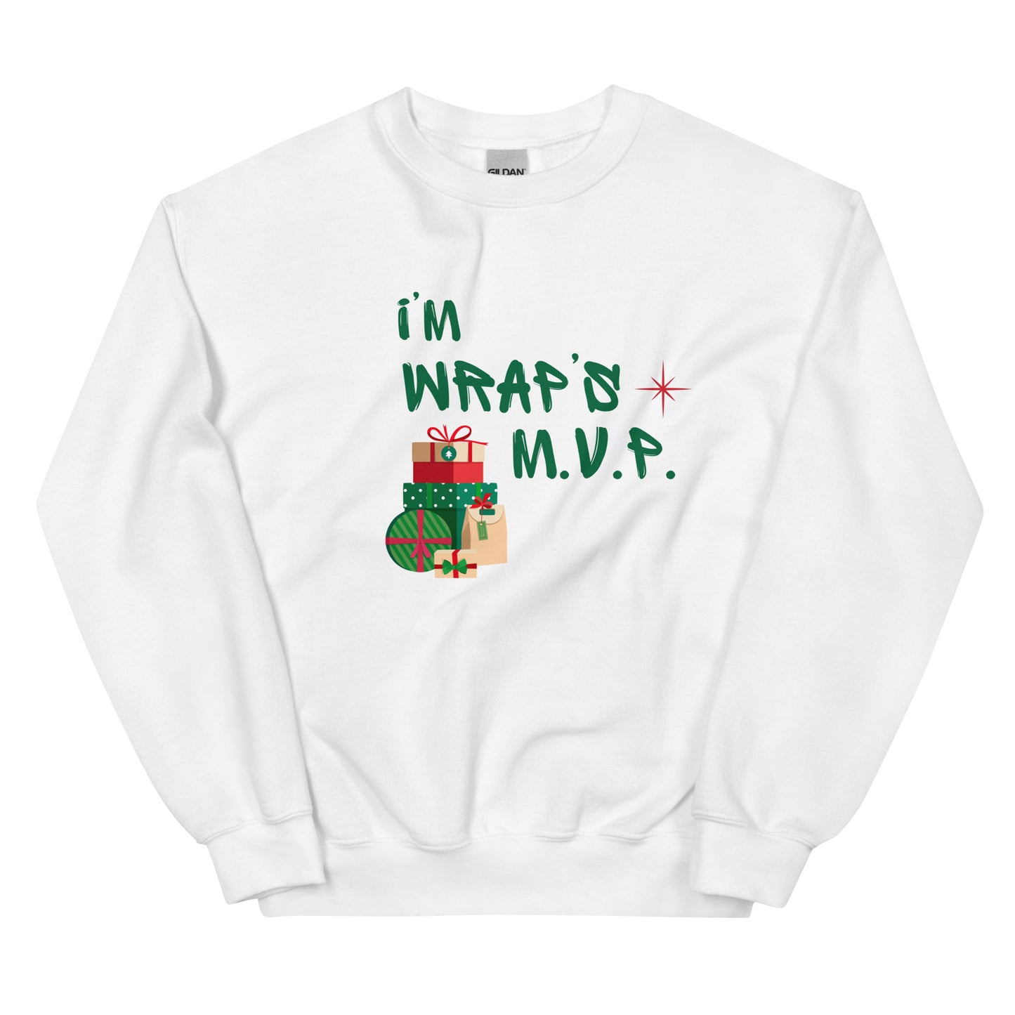 White crewneck sweatshirt with green text reading 'I'M WRAPs M.V.P.' and festive gift icons. A humorous Christmas play on words for holiday gift-wrapping enthusiasts.