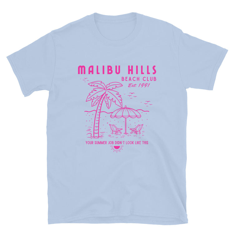 Light blue Malibu Hills Beach Club nostalgic 90s tee featuring hot pink beach club graphic