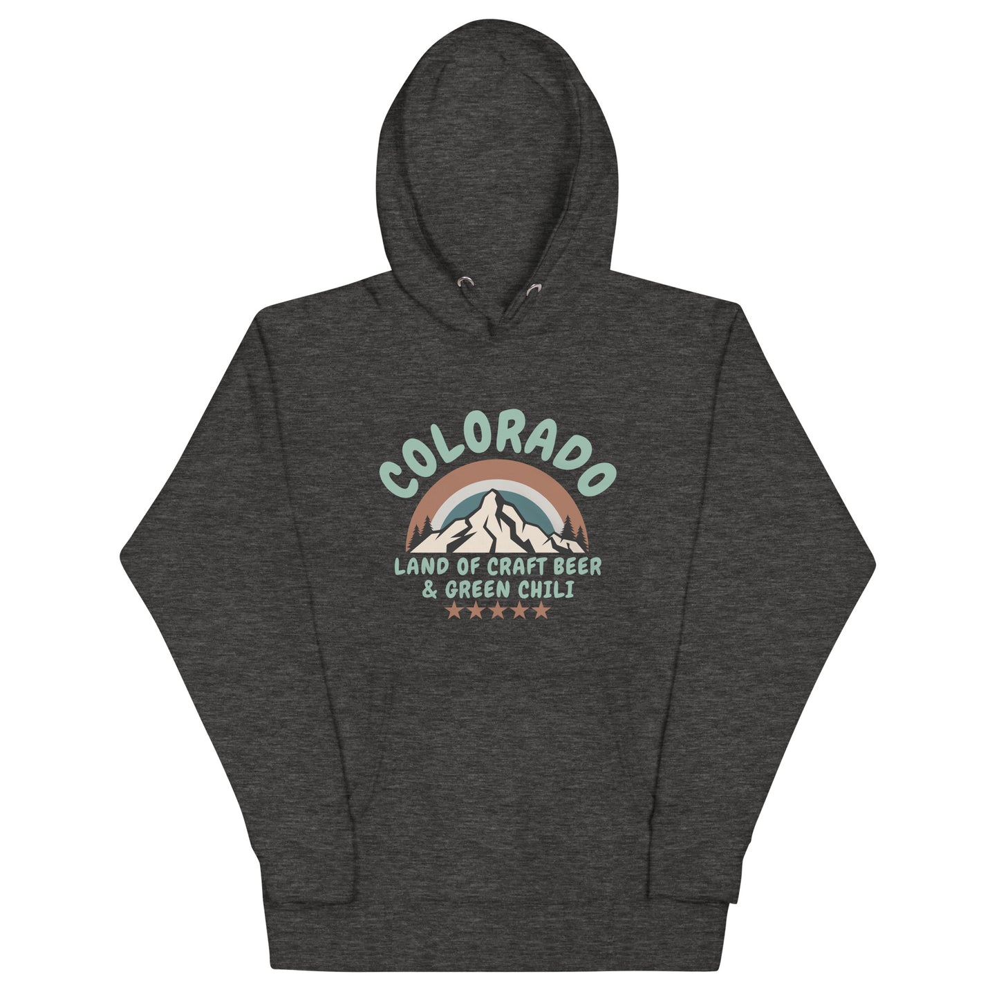 A charcoal gray hooded sweatshirt laid flat against a white background. The hoodie features a retro-style graphic design with 'COLORADO' arched over mountains, with text reading 'LAND OF CRAFT BEER & GREEN CHILI' below. The design includes decorative stars and uses cream, brown, and blue tones.