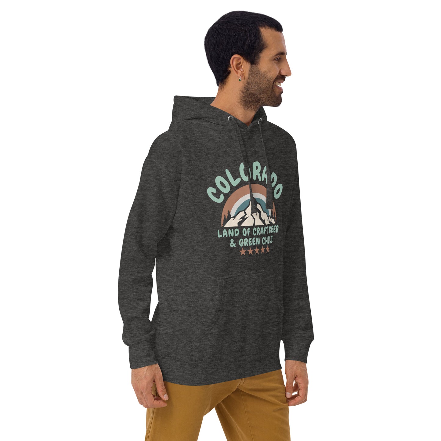 Man wearing a charcoal gray hoodie with a retro-style mountain design celebrating Colorado craft beer and green chili.