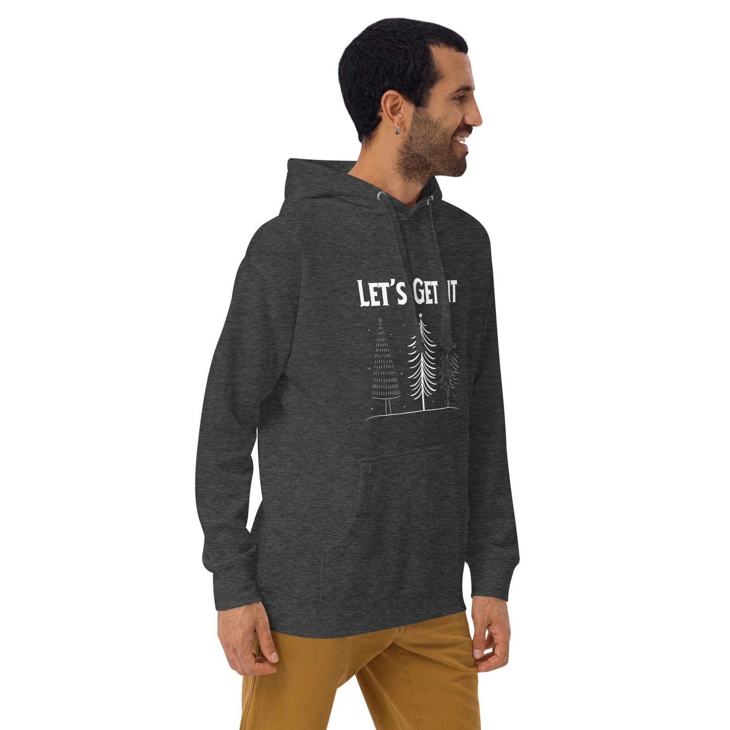 Smiling man wears a charcoal gray holiday hoodie  with the text "Let's Get Lit" printed on it, along with a graphic of two Christmas trees. 