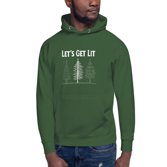 A man wears a green hooded sweatshirt with the text "Let's Get Lit" printed on it, along with a graphic of three Christmas trees. The sweatshirt appears to be a casual, holiday-themed clothing item.