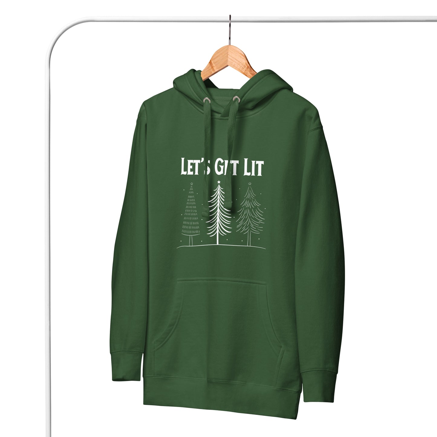 A green hooded sweatshirt hangs on a clothing rack. The sweatshirt has the text "Let's Get Lit" printed on it, along with a graphic of three Christmas trees. 