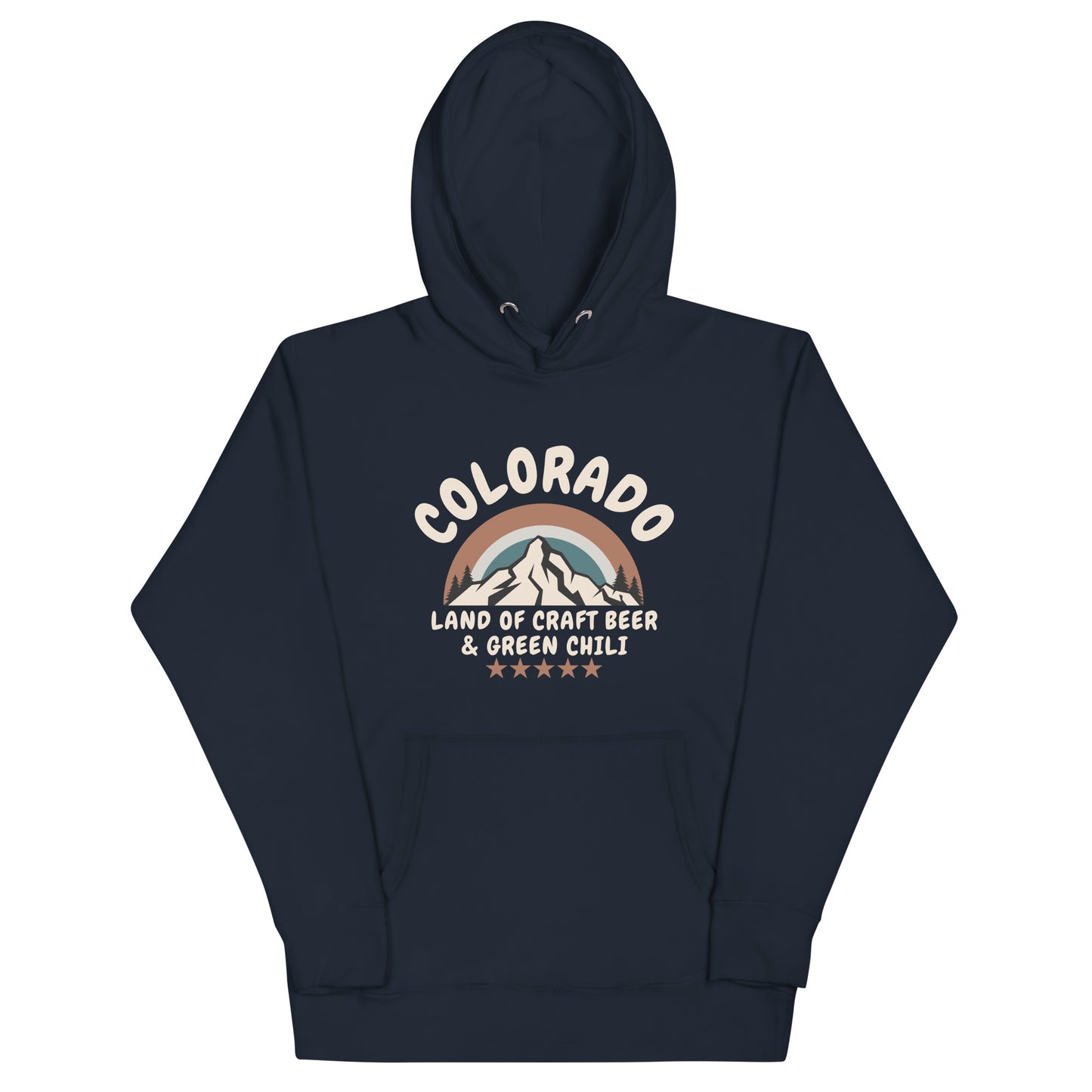 A navy blue hooded sweatshirt laid flat against a white background. The hoodie features a retro-style graphic design with 'COLORADO' arched over mountains, with text reading 'LAND OF CRAFT BEER & GREEN CHILI' below. The design includes decorative stars and uses cream, brown, and blue tones.