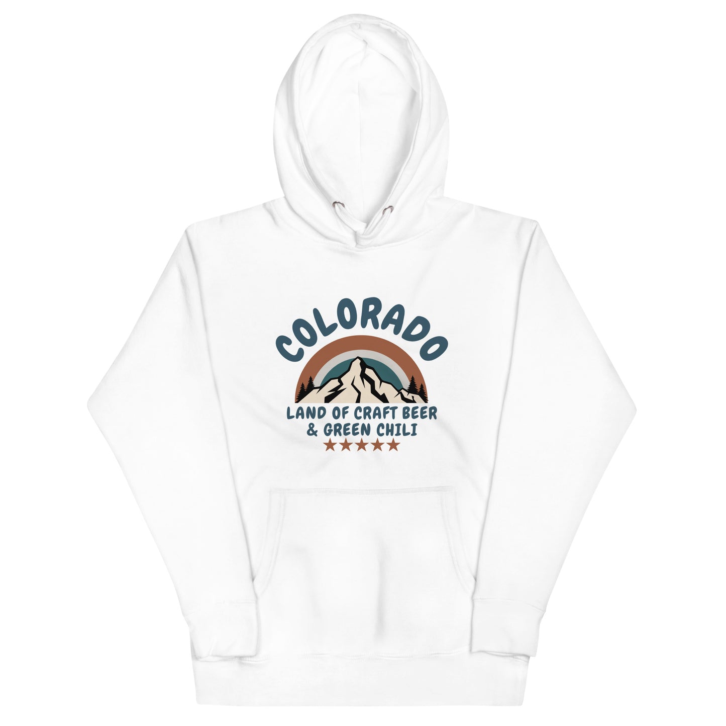 A white hooded sweatshirt laid flat against a white background. The hoodie features a retro-style graphic design with 'COLORADO' arched over mountains, with text reading 'LAND OF CRAFT BEER & GREEN CHILI' below. The design includes decorative stars and uses blue, brown, and cream tones.