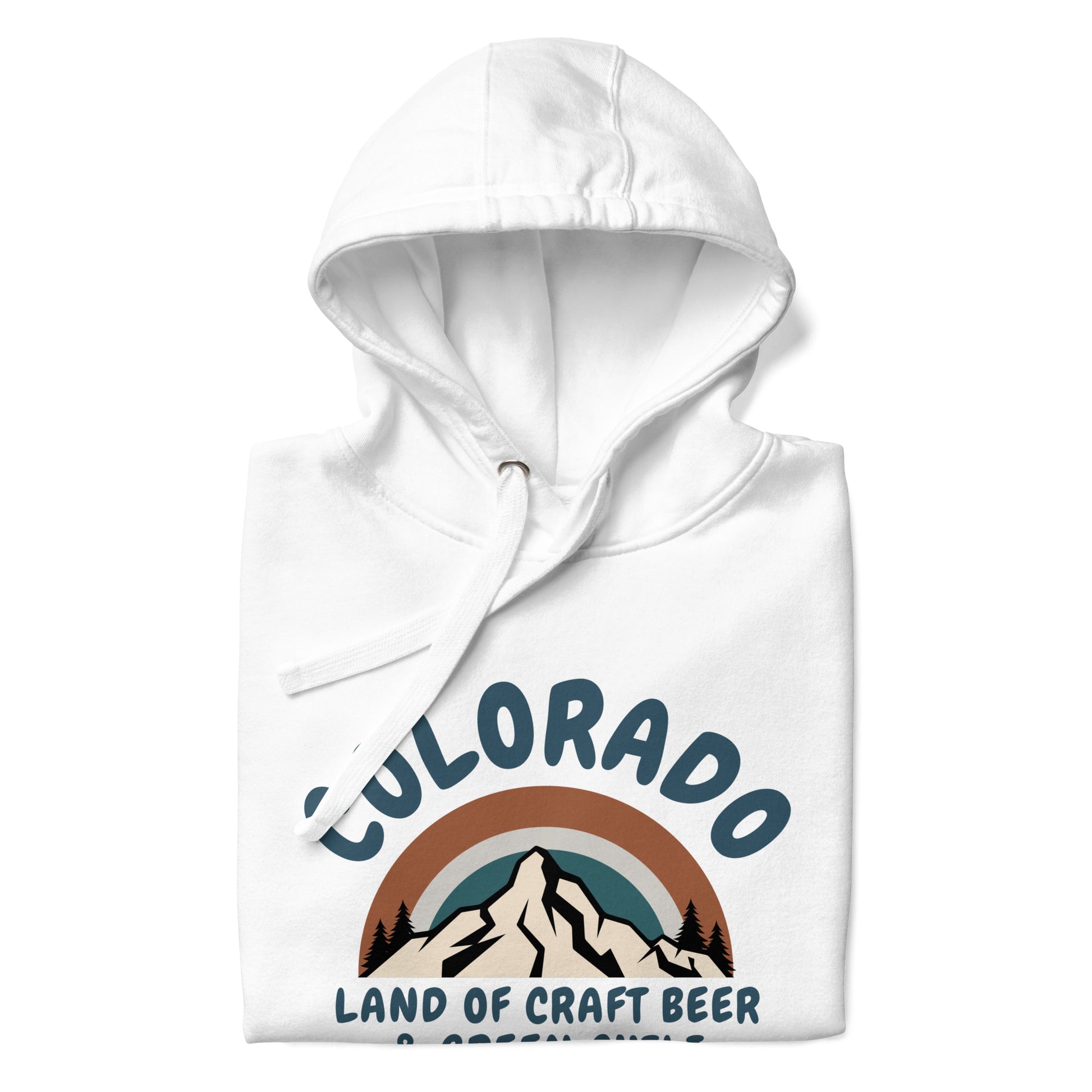 Folded Colorado craft beer hoodie showcases retro mountain design.