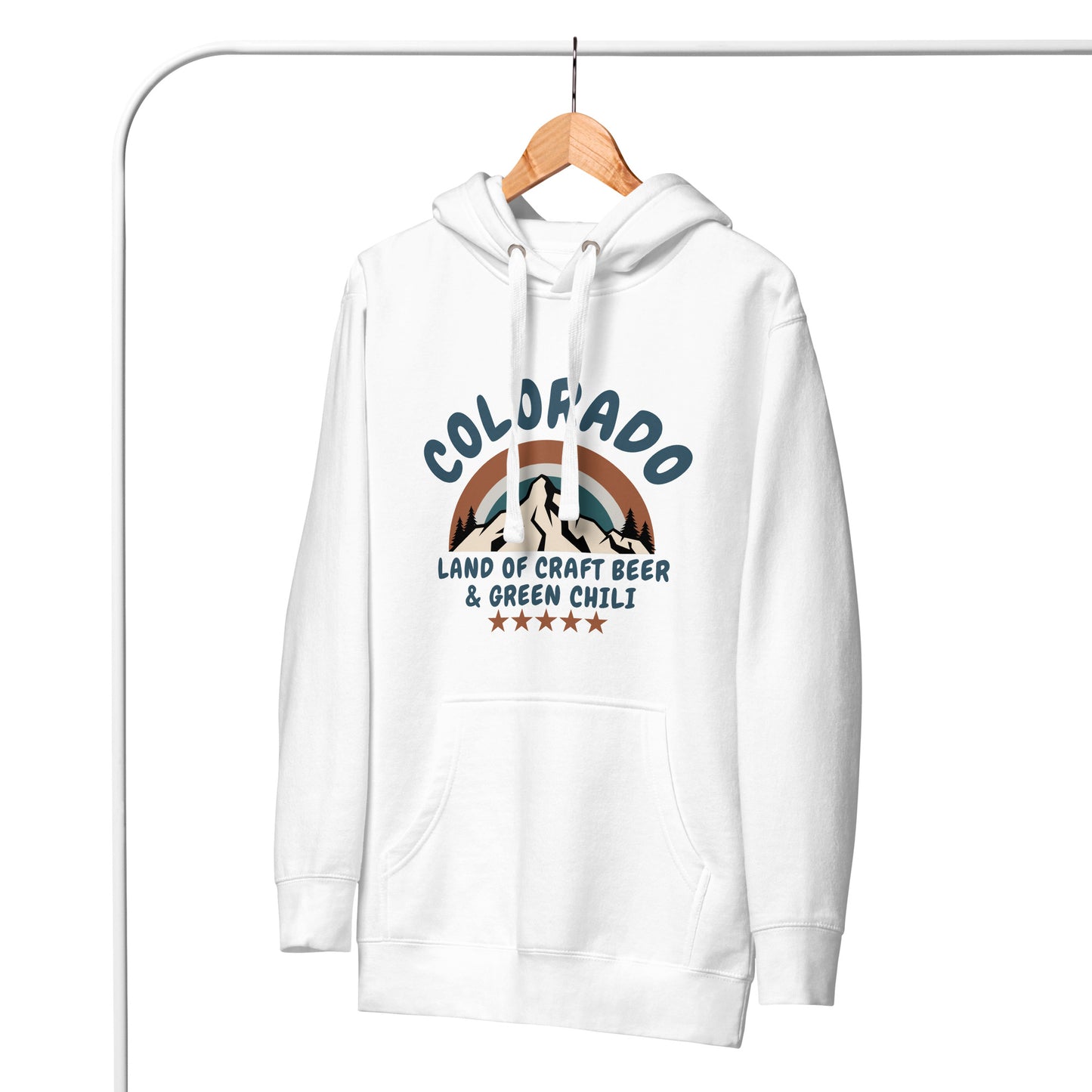 A white Colorado hoodie hangs on a wooden hanger against a white background. The comfy hoodie features a retro mountain design and references craft beer and green chili.