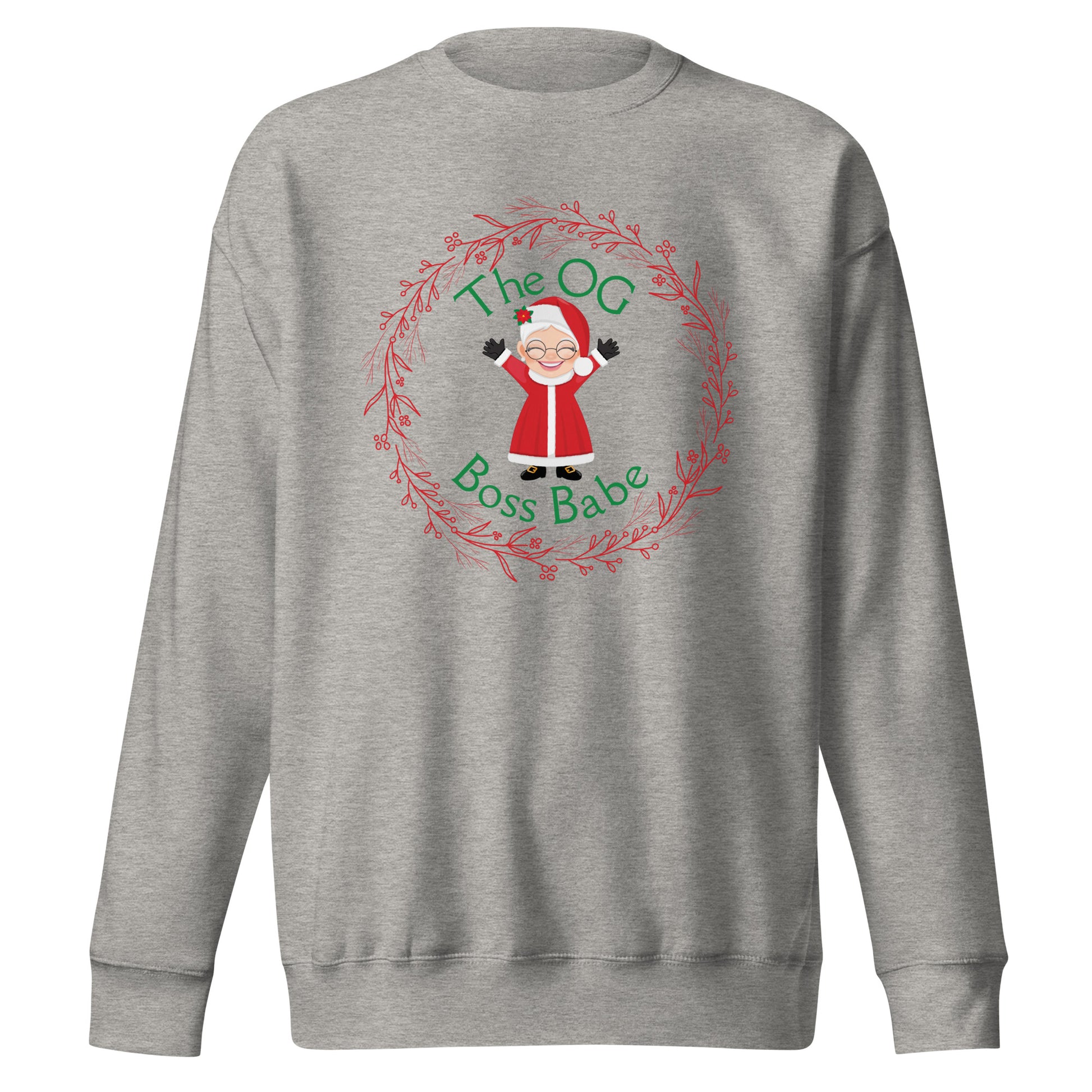 Festive crewneck sweatshirt with an image of Mrs. Claus that reads "The OG Boss Babe"