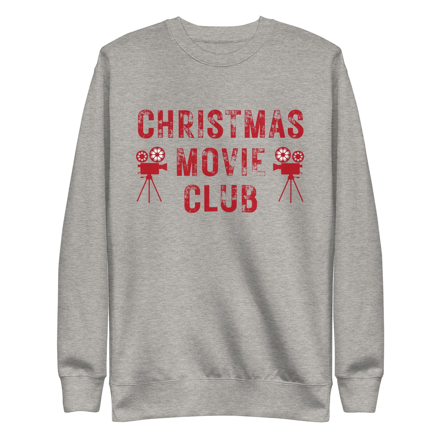 Heather gray crewneck sweatshirt with distressed red text reading 'CHRISTMAS MOVIE CLUB', decorated with retro movie camera icons. Perfect for holiday movie marathons.