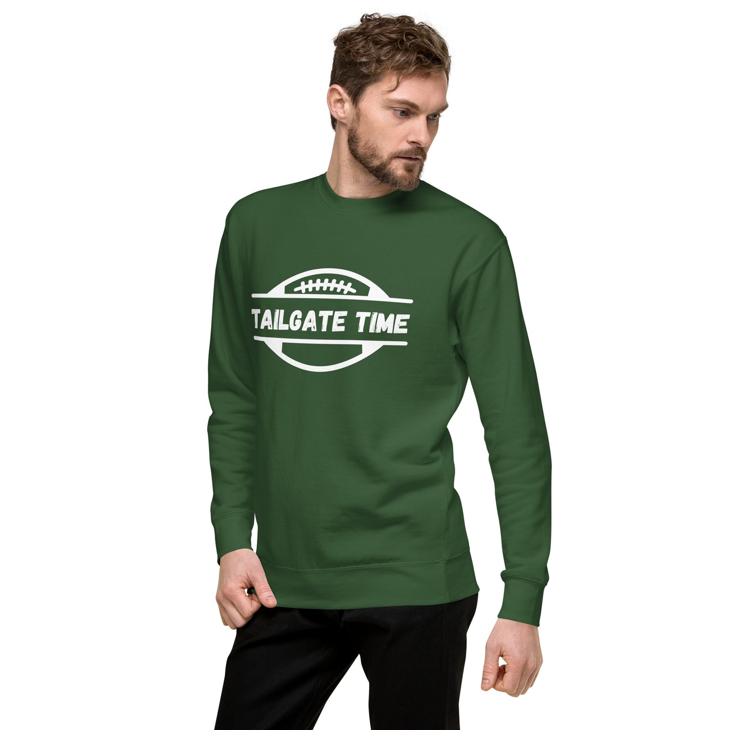 Bearded Man wears Jets green football sweatshirt with a football graphic and the words "tailgate time" in distressed lettering.