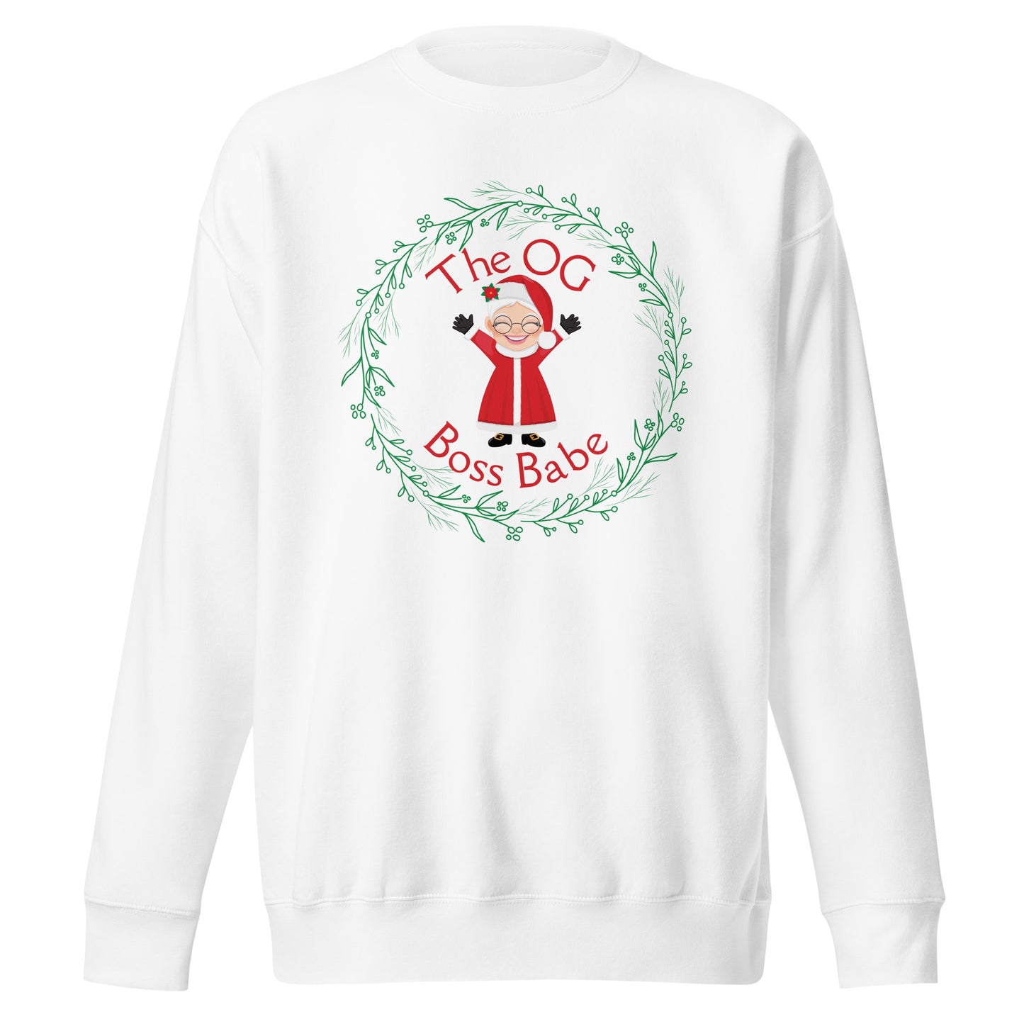 Festive Christmas crewneck sweatshirt with an image of Mrs. Claus that reads "The OG Boss Babe"