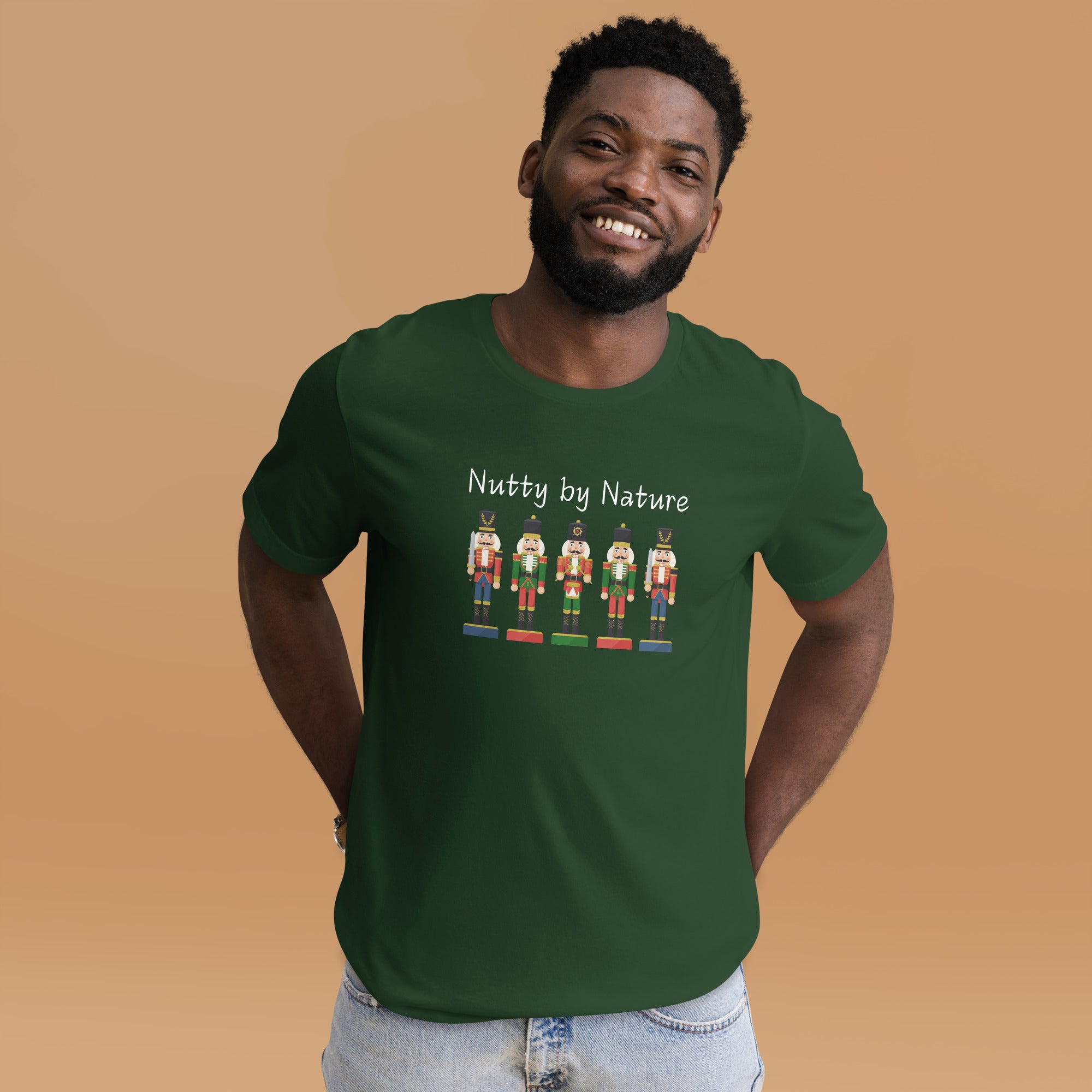 Man wears festive and playful holiday shirt featuring five nutcrackers and text that reads "Nutty by Nature"