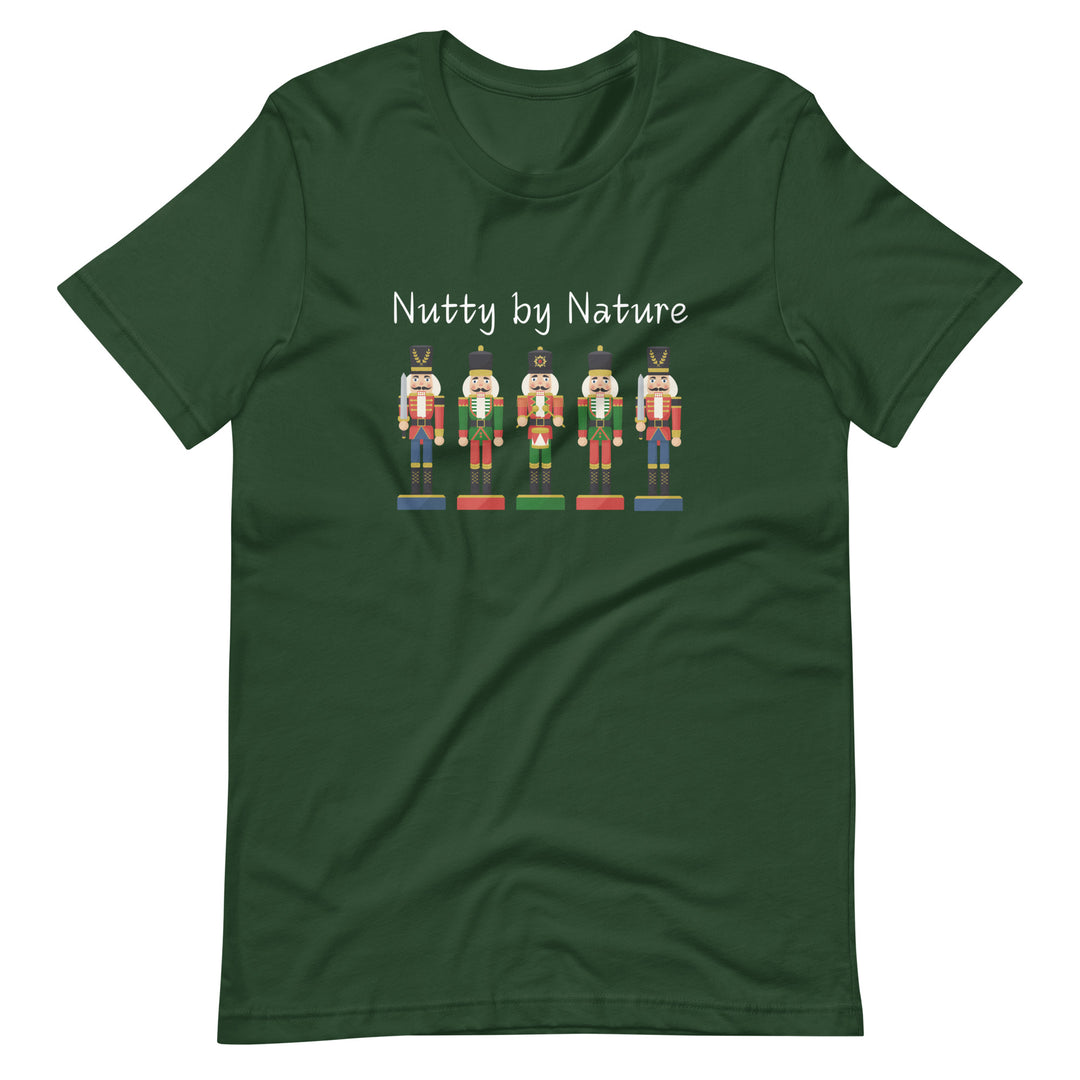 Playful and festive holiday shirt featuring five nutcrackers and text that reads "Nutty by Nature"