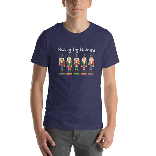 Man wears festive and playful holiday shirt featuring five nutcrackers and text that reads "Nutty by Nature"