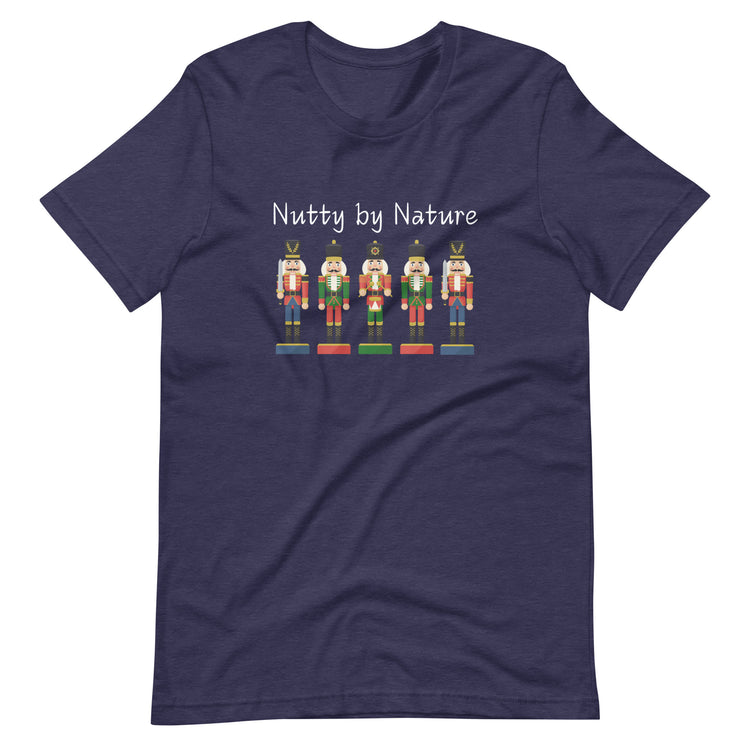 Playful and festive holiday shirt featuring five nutcrackers and text that reads "Nutty by Nature"