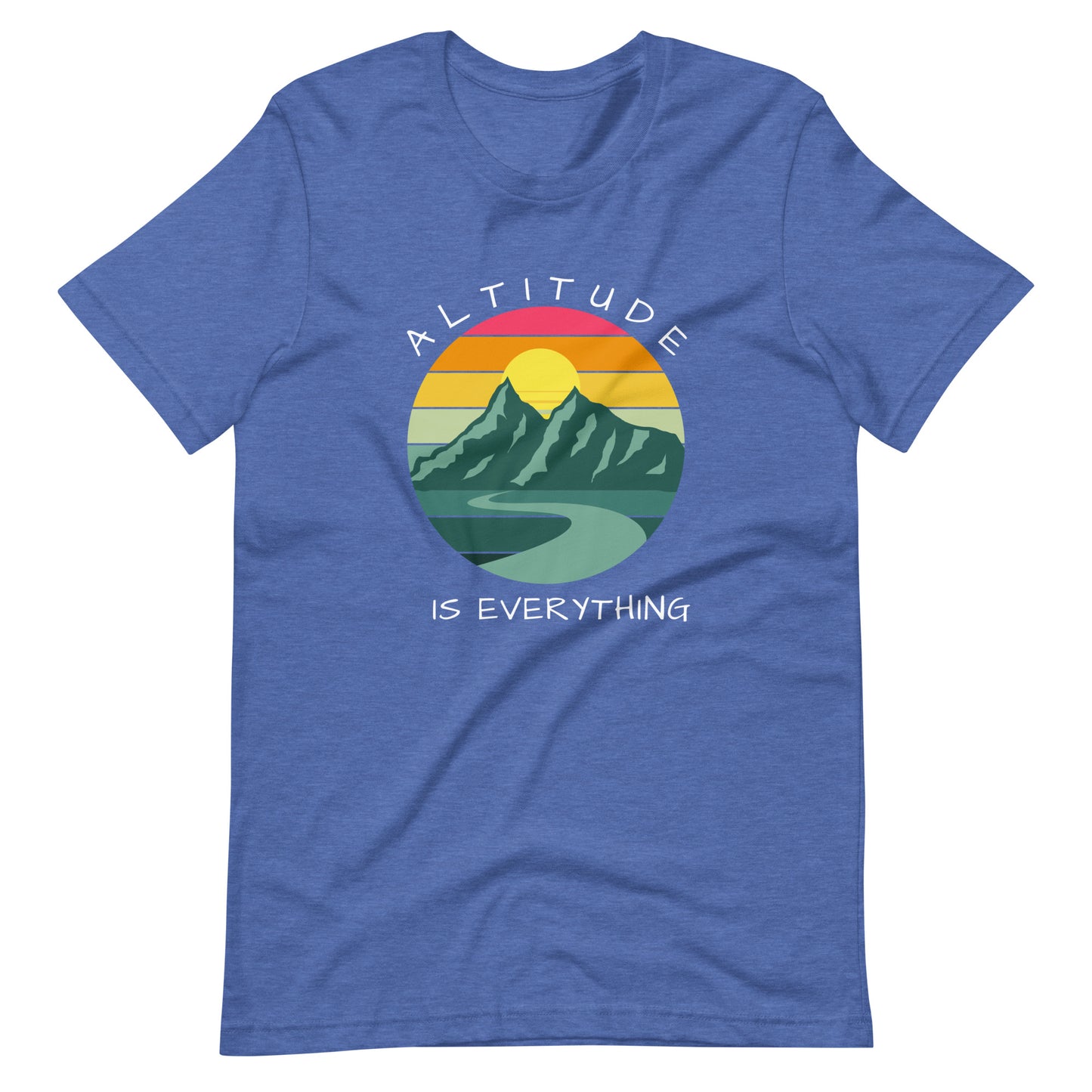 Heather blue graphic tee reads "ALTITUDE IS EVERYTHING" round a colorful image of mountains and a beautiful sunset.