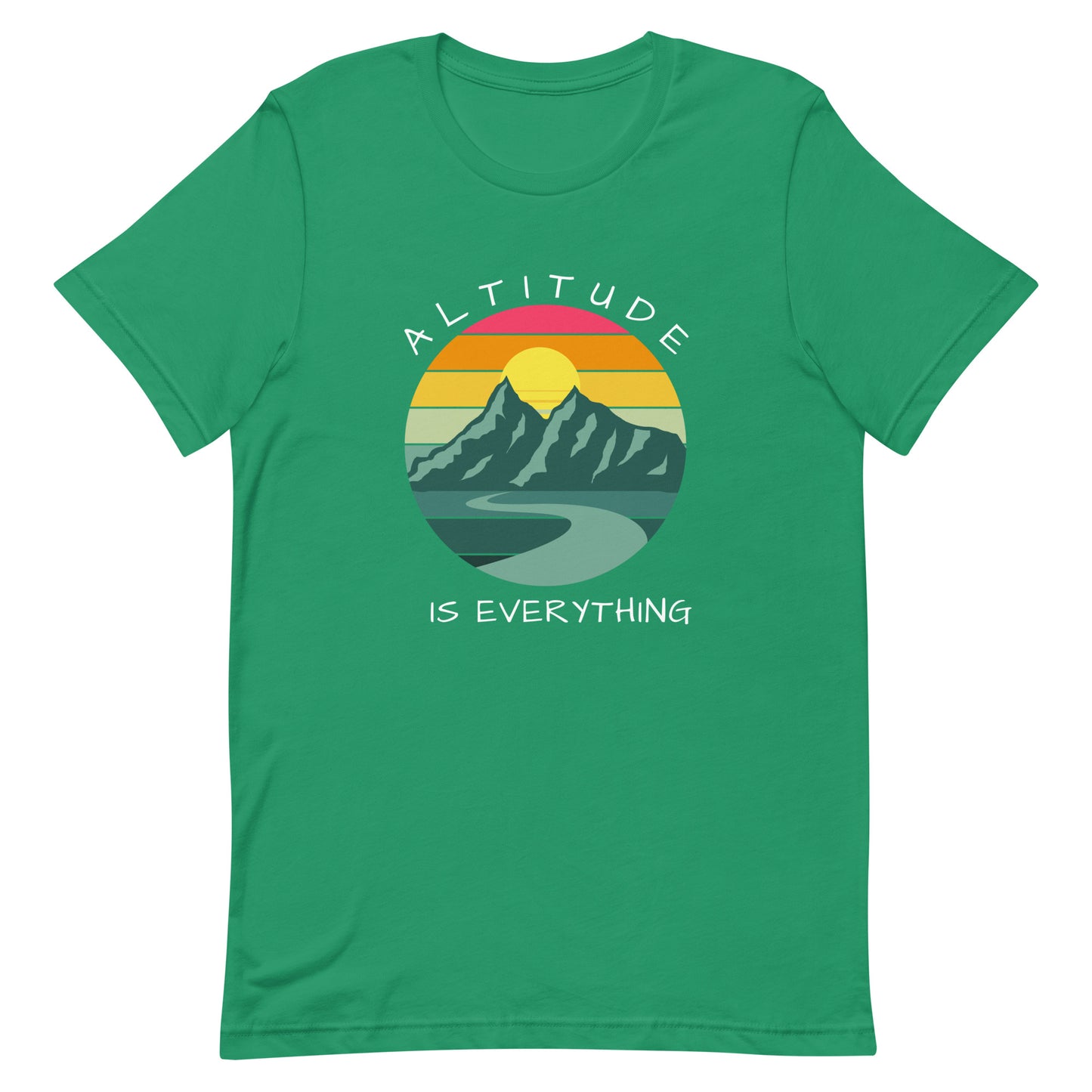 Kelly green graphic tee reads "ALTITUDE IS EVERYTHING" round a colorful image of mountains and a beautiful sunset.