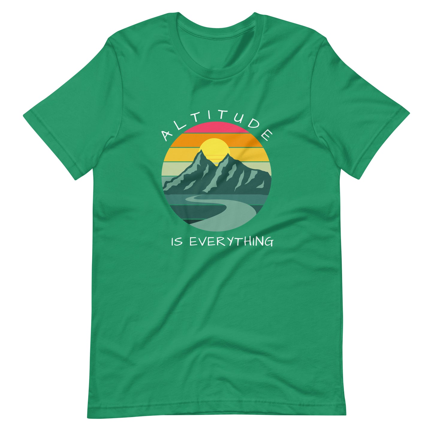 Kelly green graphic tee reads "ALTITUDE IS EVERYTHING" round a colorful image of mountains and a beautiful sunset.