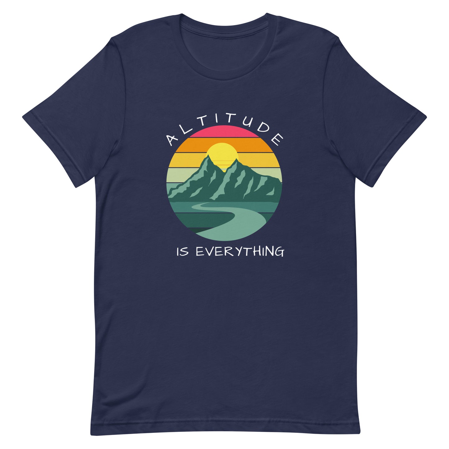 Navy graphic tee reads "ALTITUDE IS EVERYTHING" round a colorful image of mountains and a beautiful sunset.