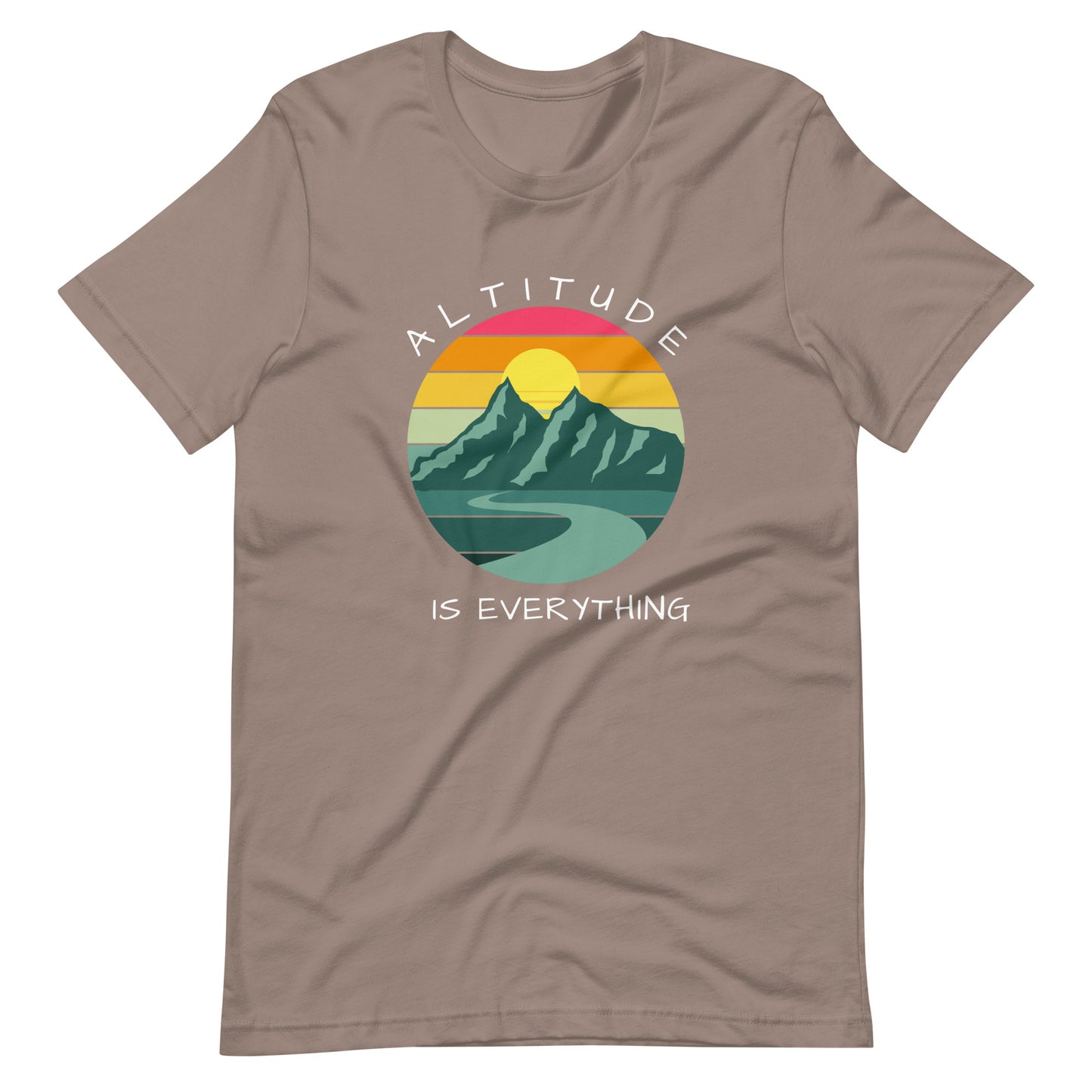 Pebble brown graphic tee reads "ALTITUDE IS EVERYTHING" round a colorful image of mountains and a beautiful sunset.