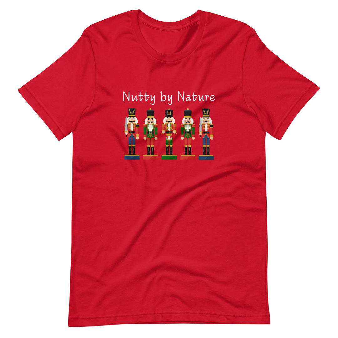 Playful and festive holiday shirt featuring five nutcrackers and text that reads "Nutty by Nature"