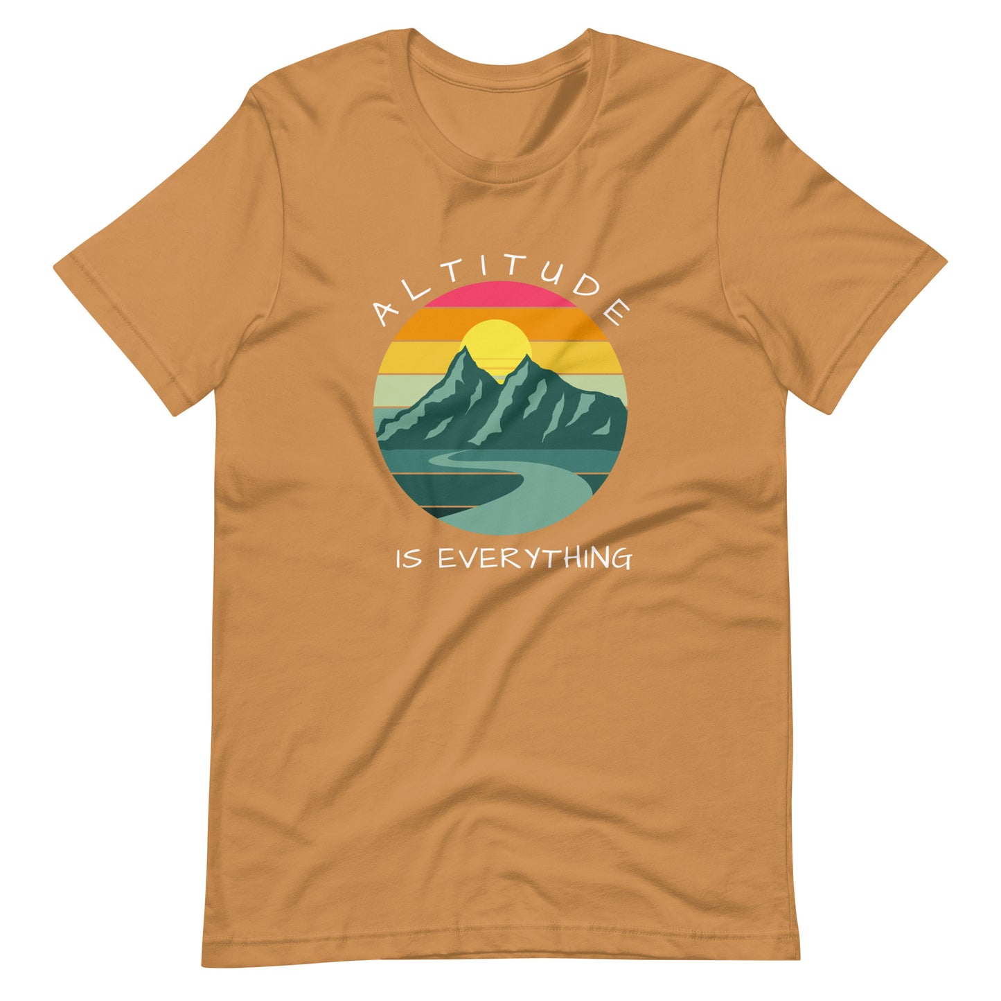 Caramel colored graphic tee reads "ALTITUDE IS EVERYTHING" round a colorful image of mountains and a beautiful sunset.