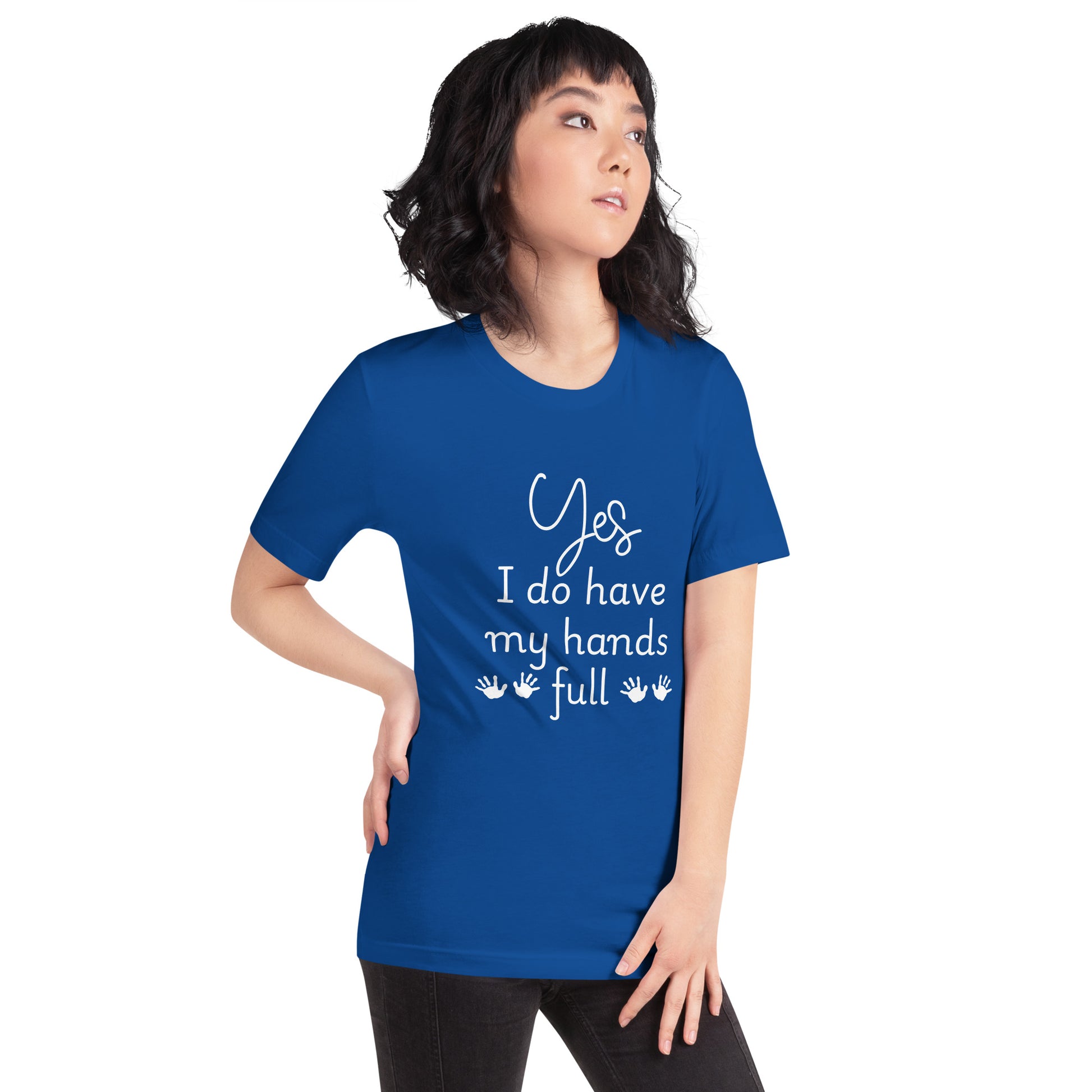 Woman wears royal blue tee that says 'Yes, I do have my hands full' with two sets of child handprints.