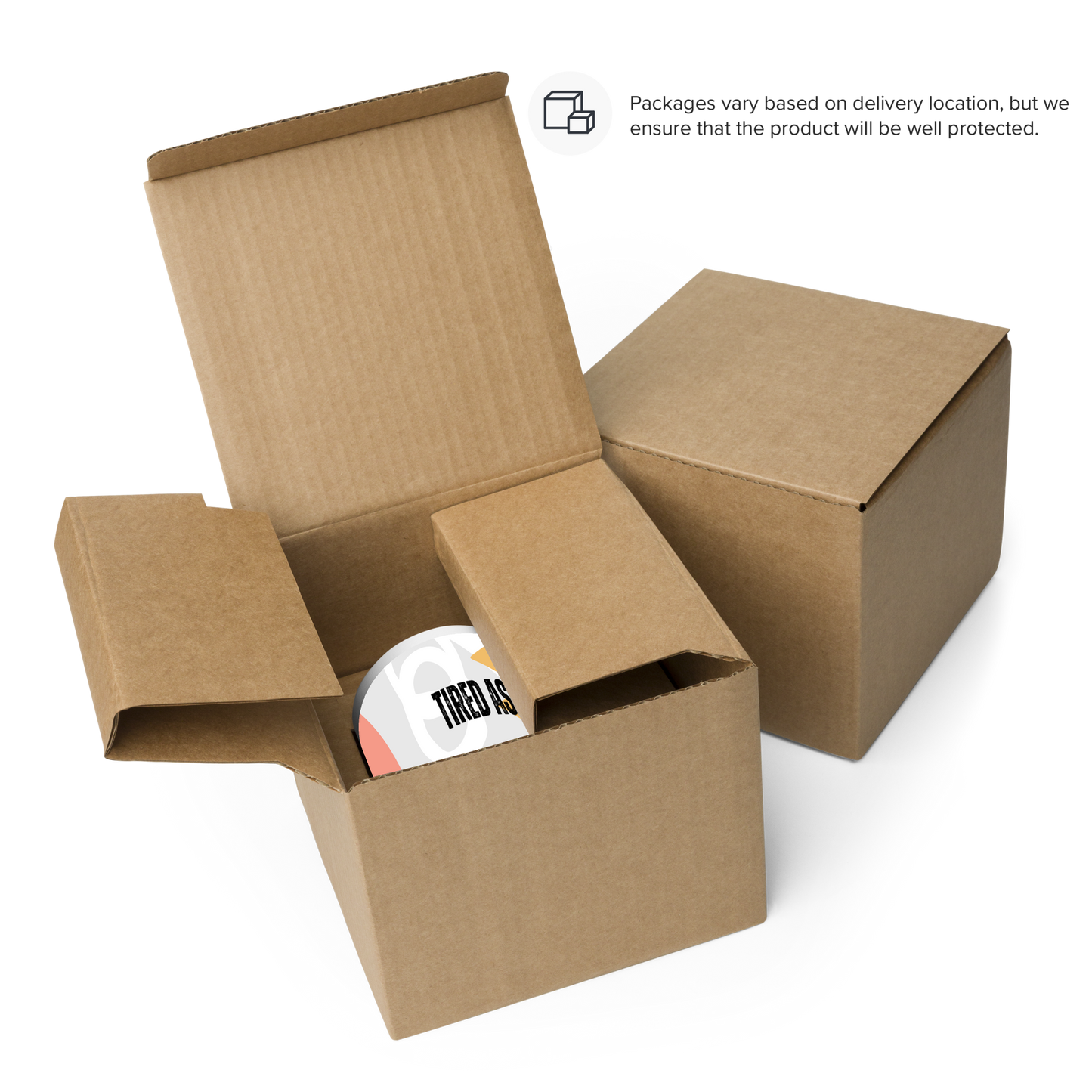 Tired as a Mother Coffe Mug is carefully packaged in a strong corrugated cardboard box ready to be shipped. The packaging looks sturdy and safe, ensuring that the mug will arrive in perfect condition.