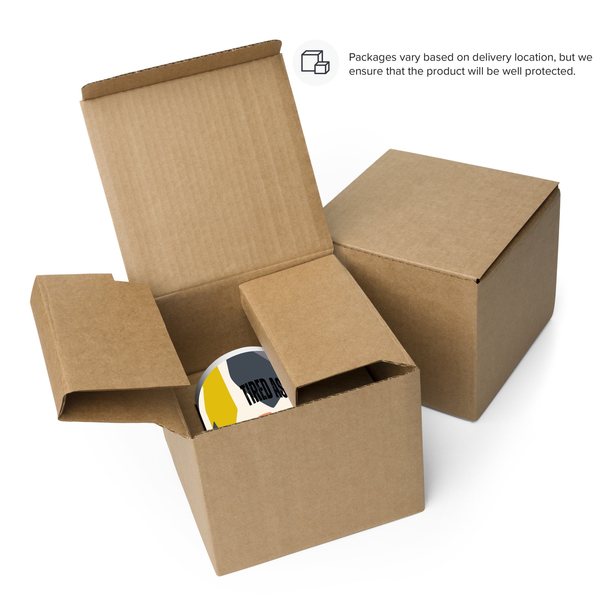 Corrugated cardboard box carefully envelopes colorful mug showing layers of protection and packaging care to ensure safe delivery of fragile product.