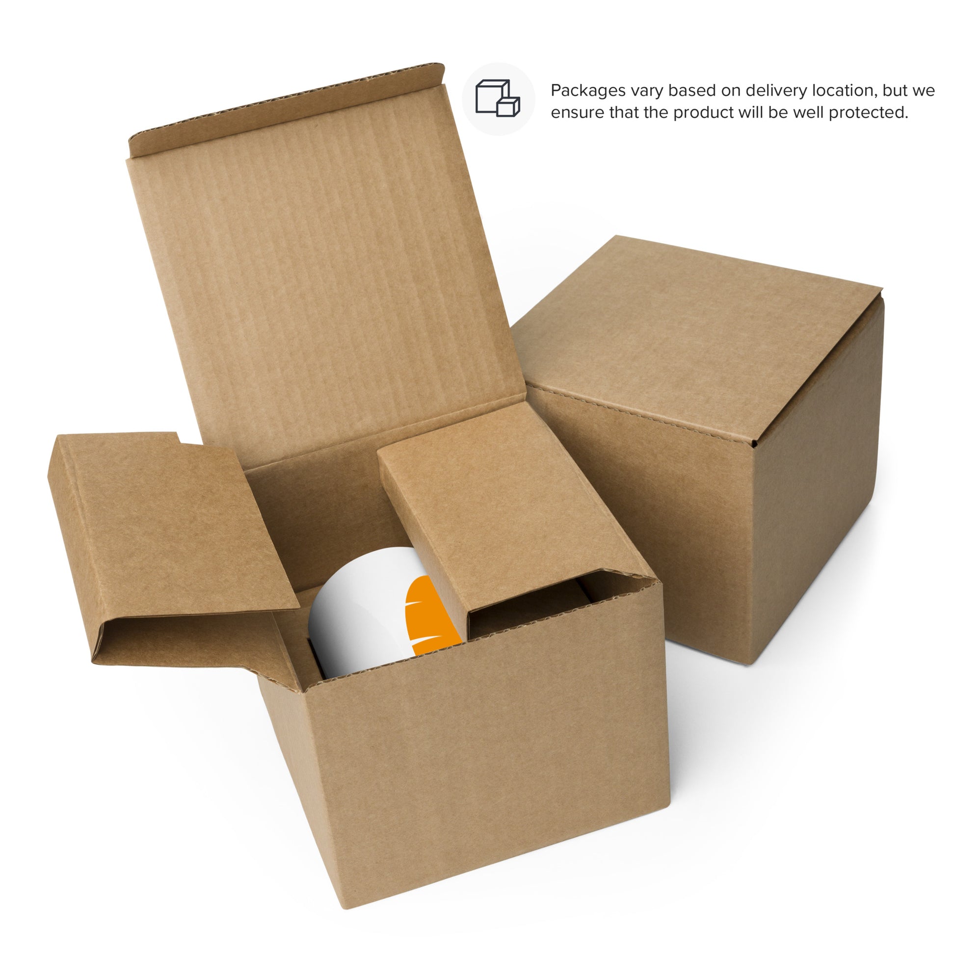 Sturdy corrugated cardboard box envelopes a ceramic mug, displaying the care and secure packaging of each mug shipped.