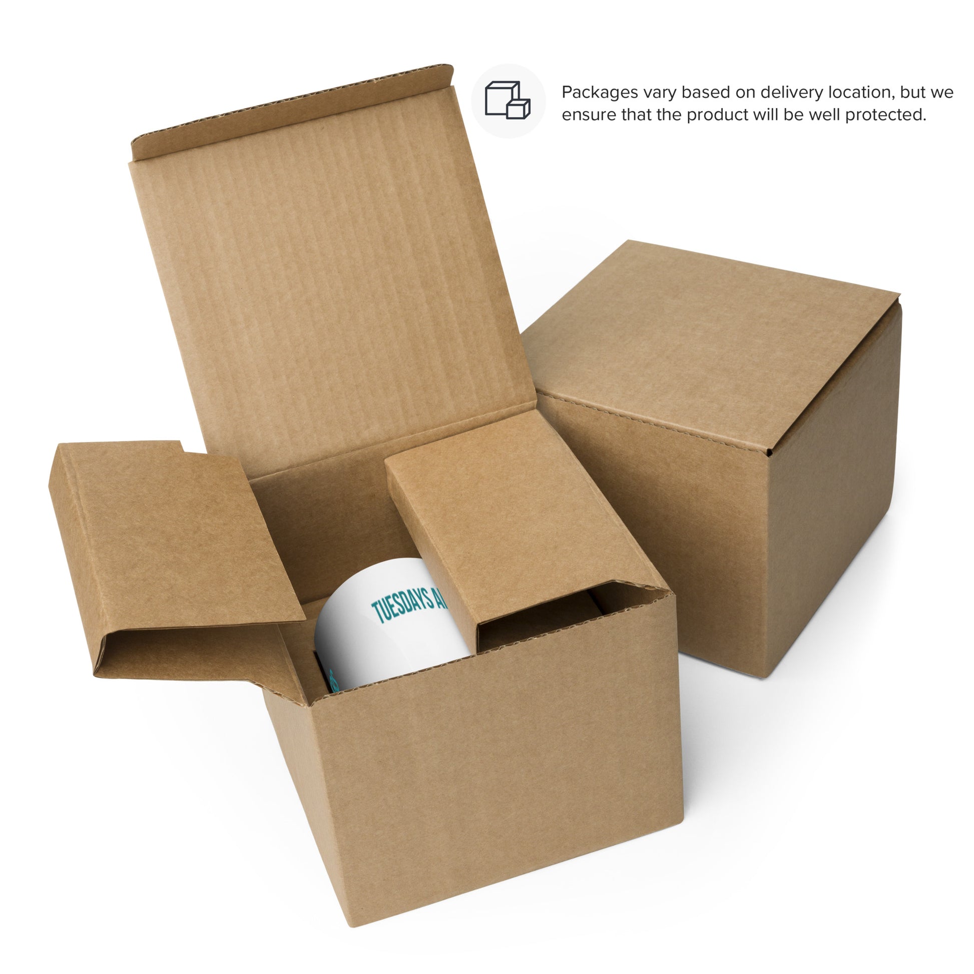 White waiver wire mug is neatly packaged in a corrugated cardboard box, showing the care and protection taken when packaging these items