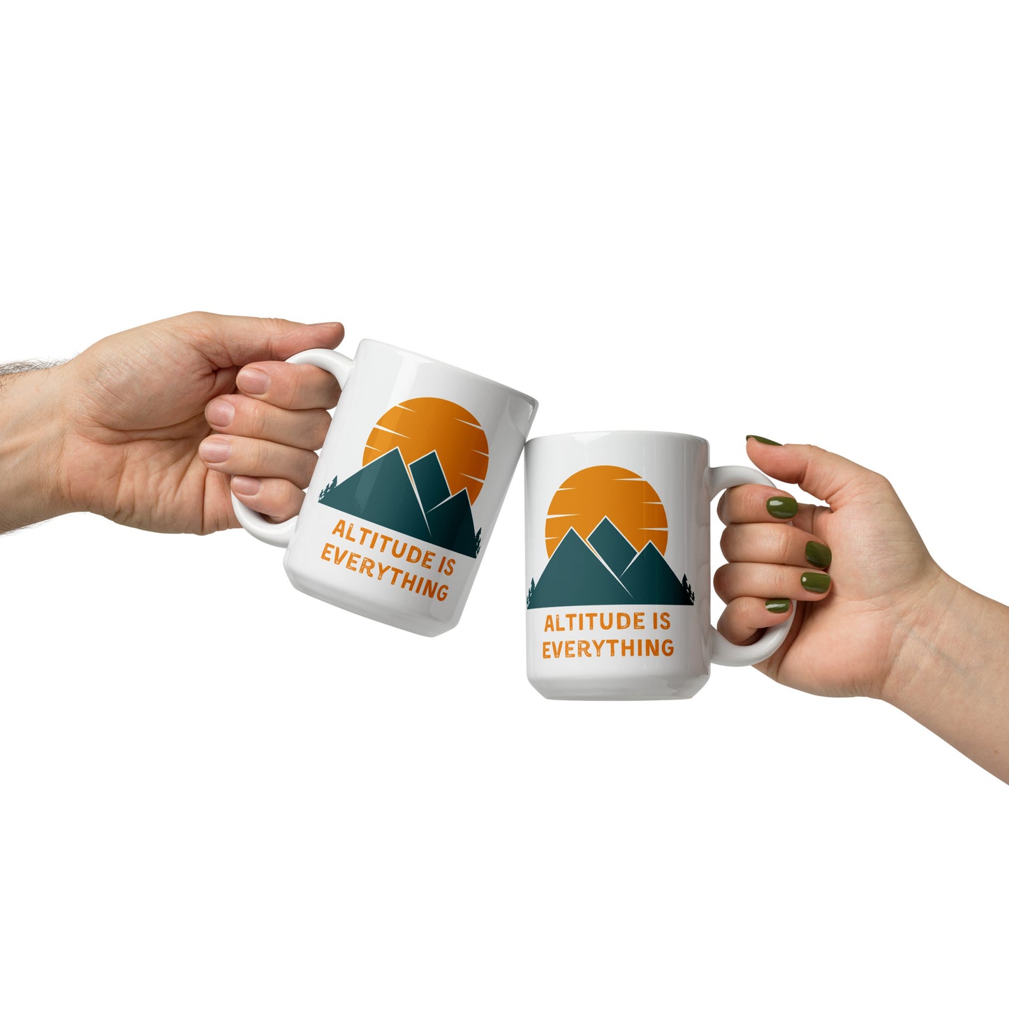 Two hands cheers their matching white ceramic mugs that say "Altitude is Everything". The mugs are decorated with a graphic of mountains and a sunset.